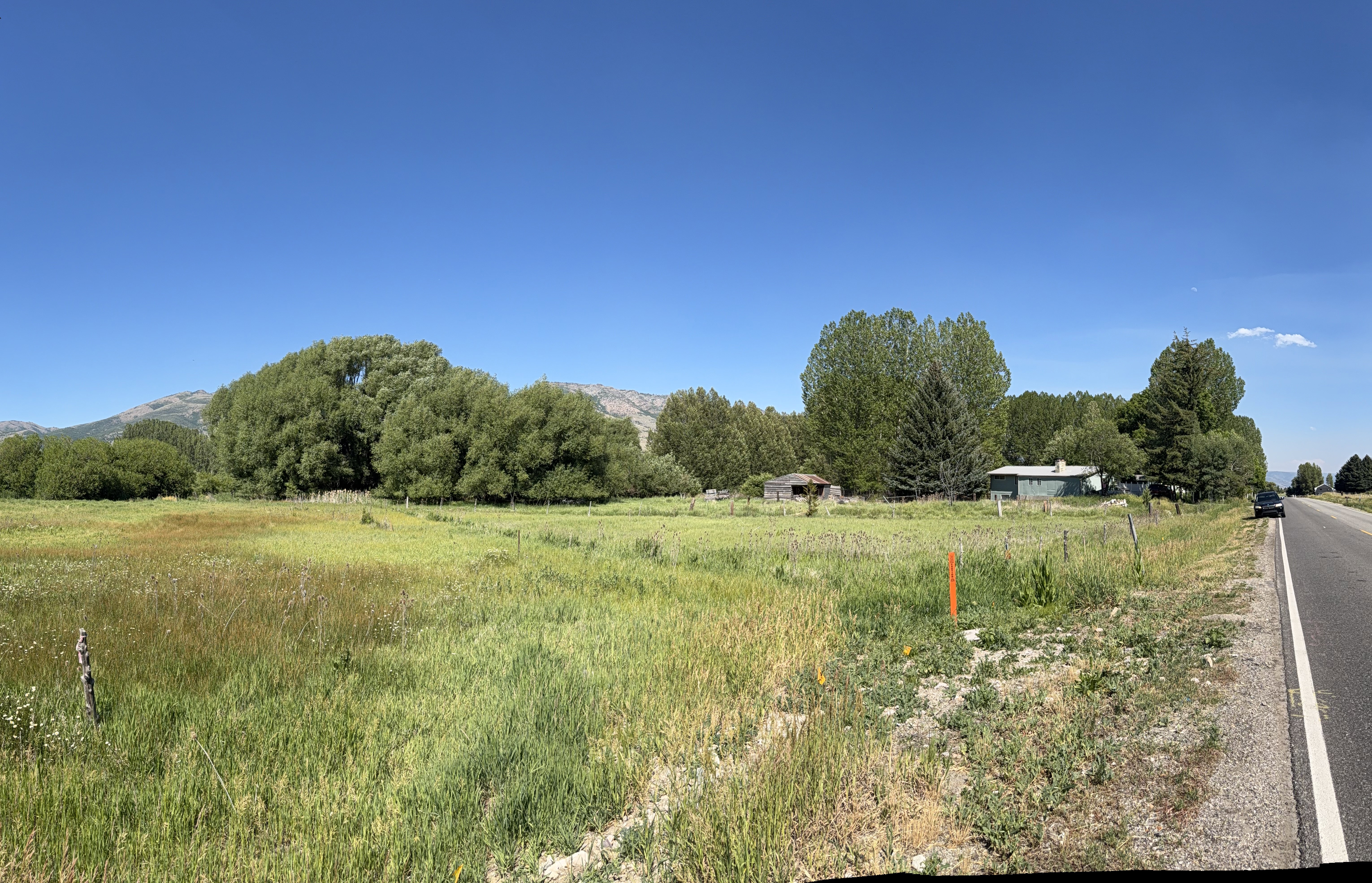 Expansive green field featuring mature trees, a single-story residence with a light-colored exterior, and an additional outbuilding