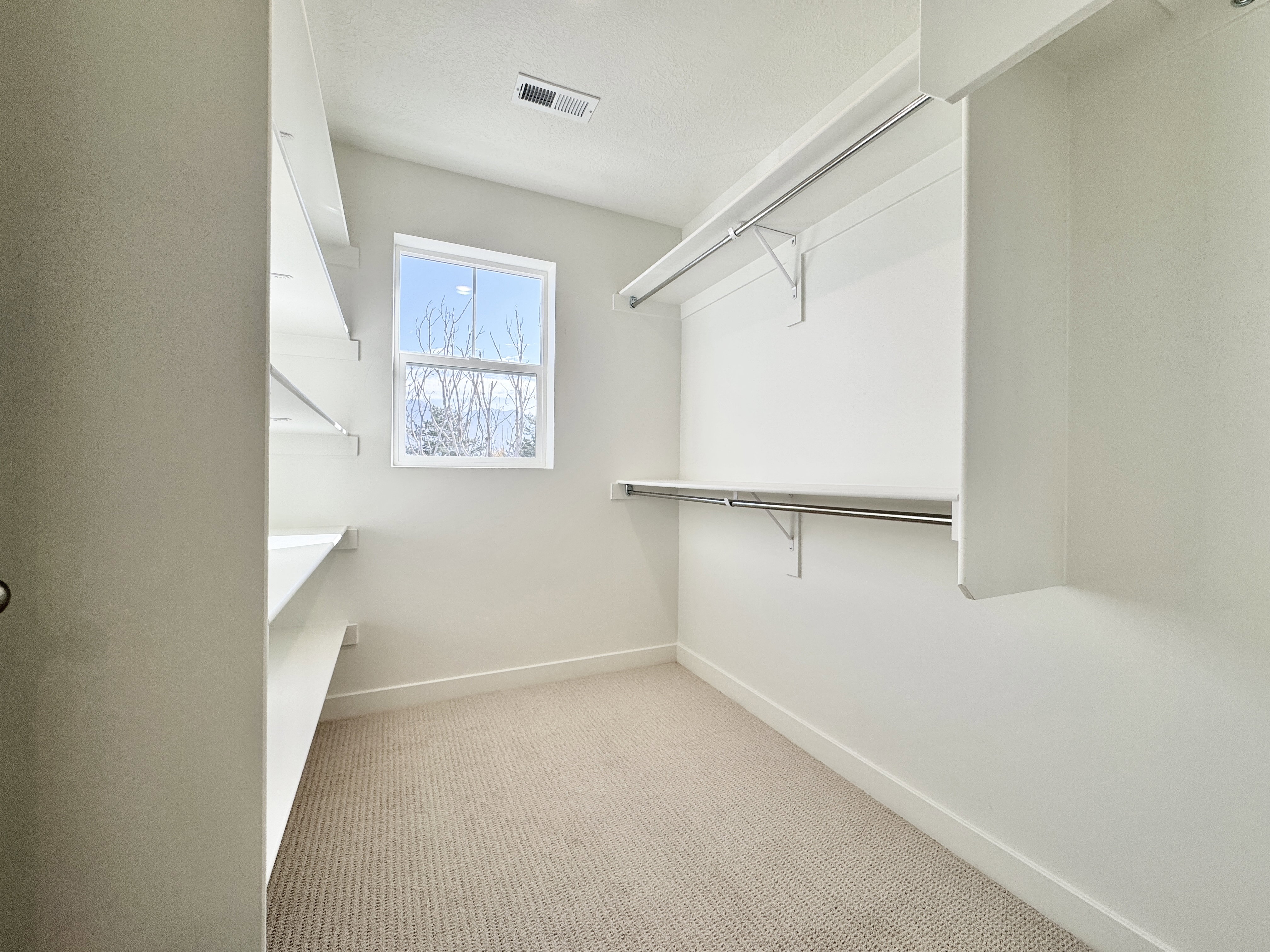 Walk-in closet featuring built-in shelving, chrome hanging rods, a single pane window, neutral carpeting, and white walls