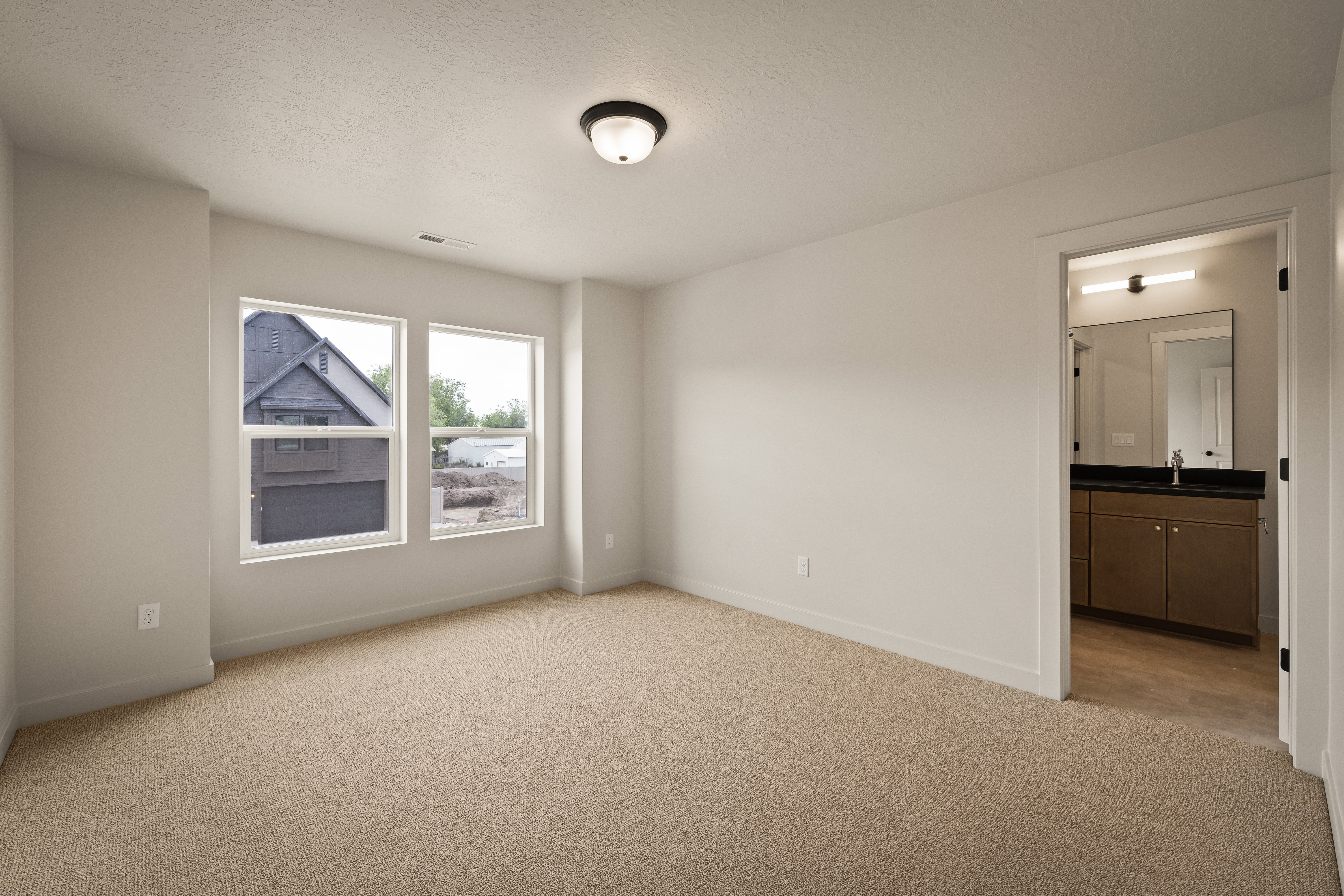 Carpeted room with neutral wall tones and two prominent windows