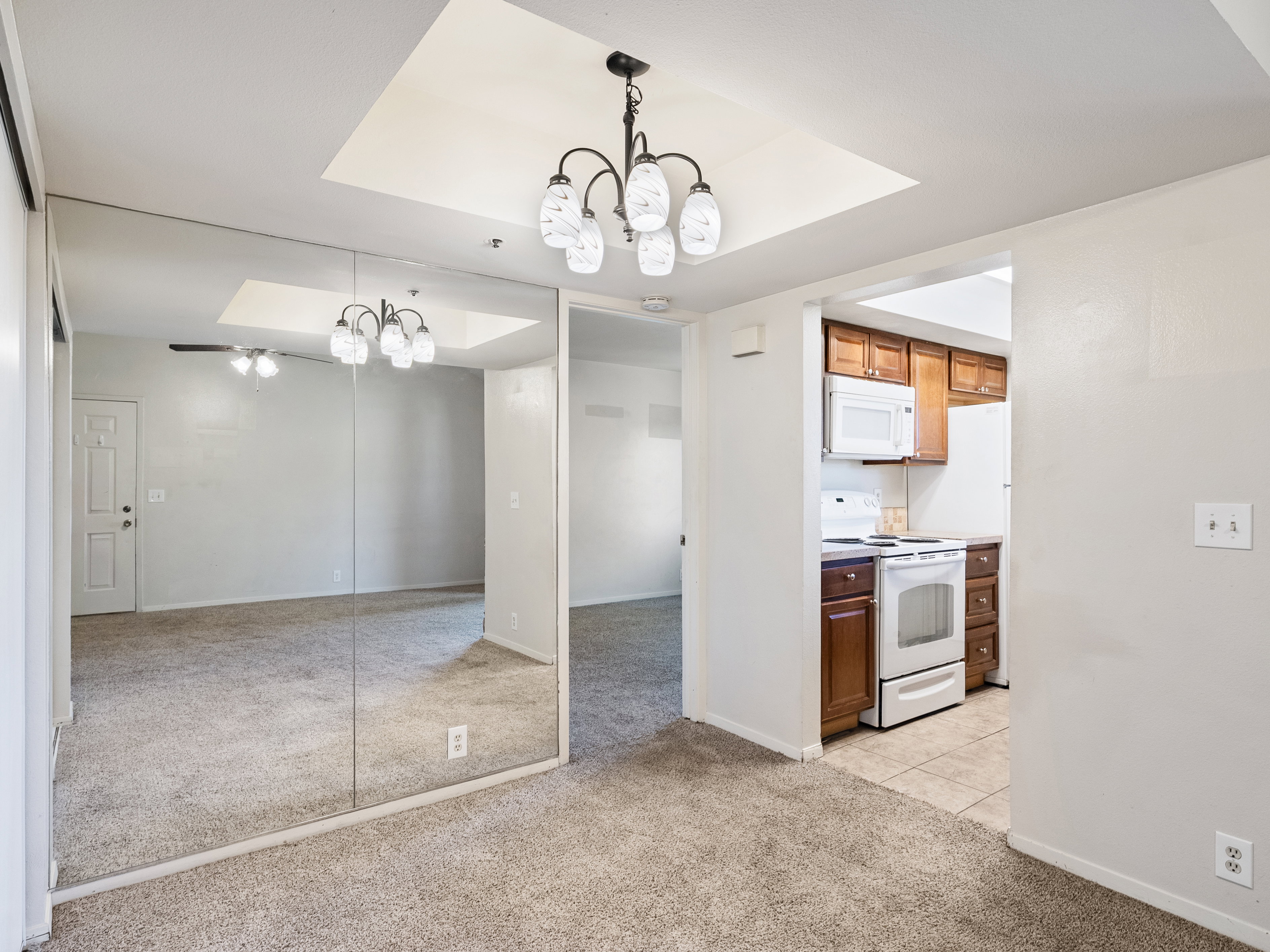 Spacious room featuring wall-to-wall mirrored panels and neutral-toned carpeting