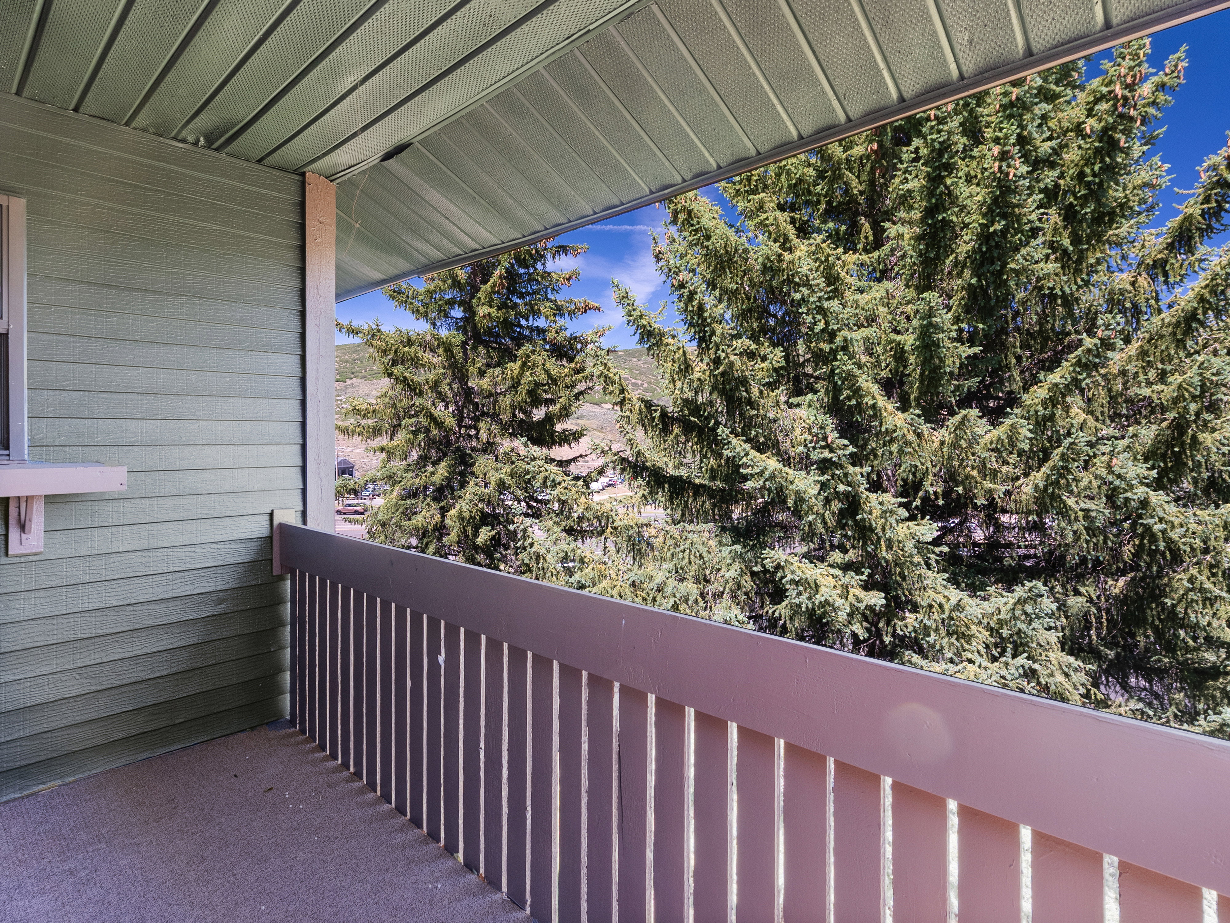 Private balcony featuring a railing and an overhead soffit, with a backdrop of mature evergreen trees and distant mountain scenery