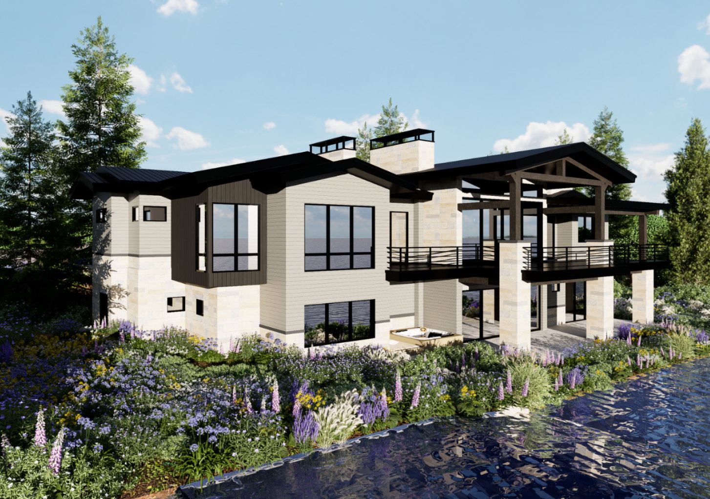 Contemporary residence featuring a multi-level design with extensive glass windows, a large covered balcony with exposed beams, and a ground-level patio with an integrated spa