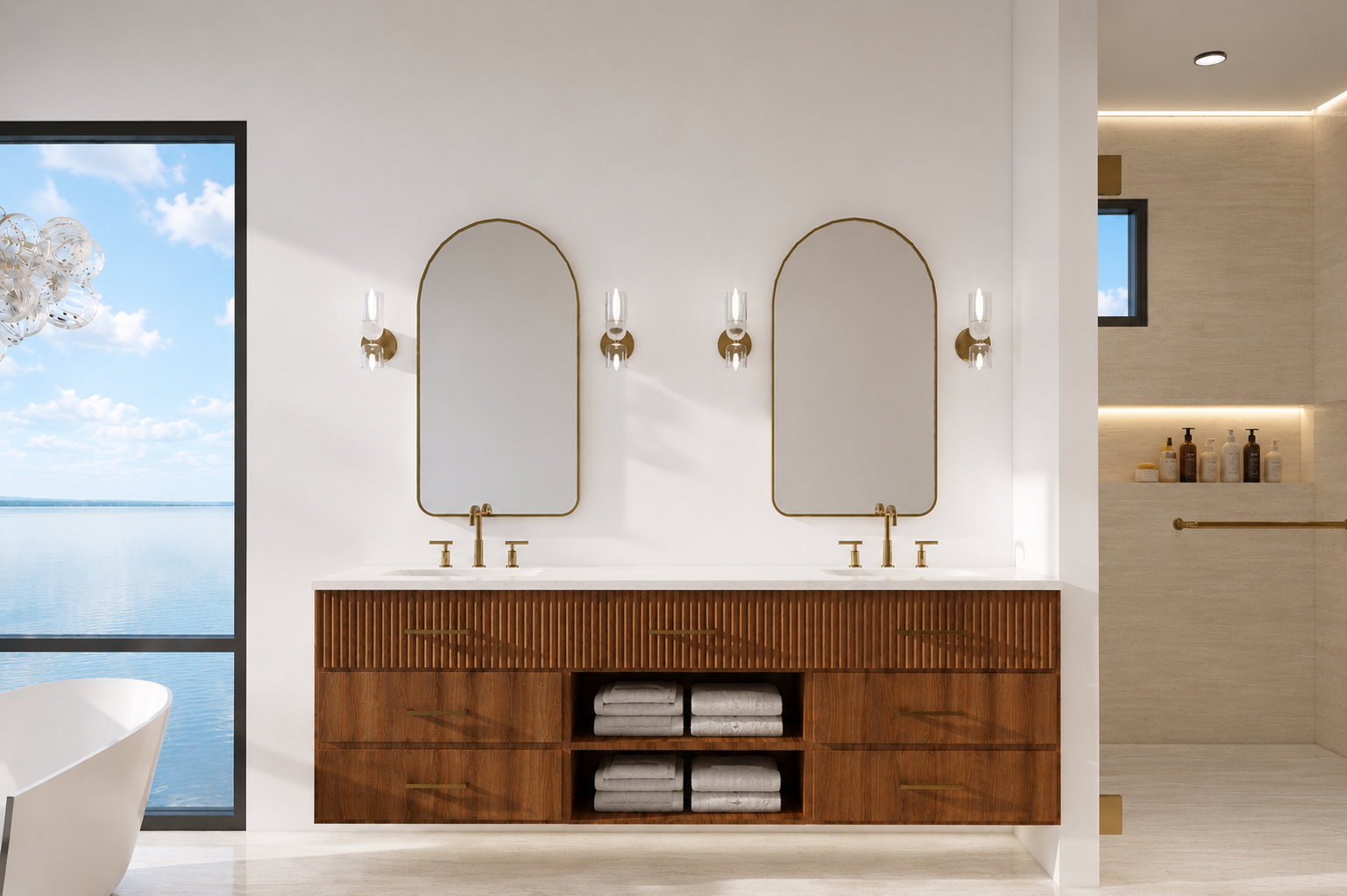 Dual vanity featuring a wood-finish cabinet with fluted details and open shelving, topped with a white countertop and two vessel sinks