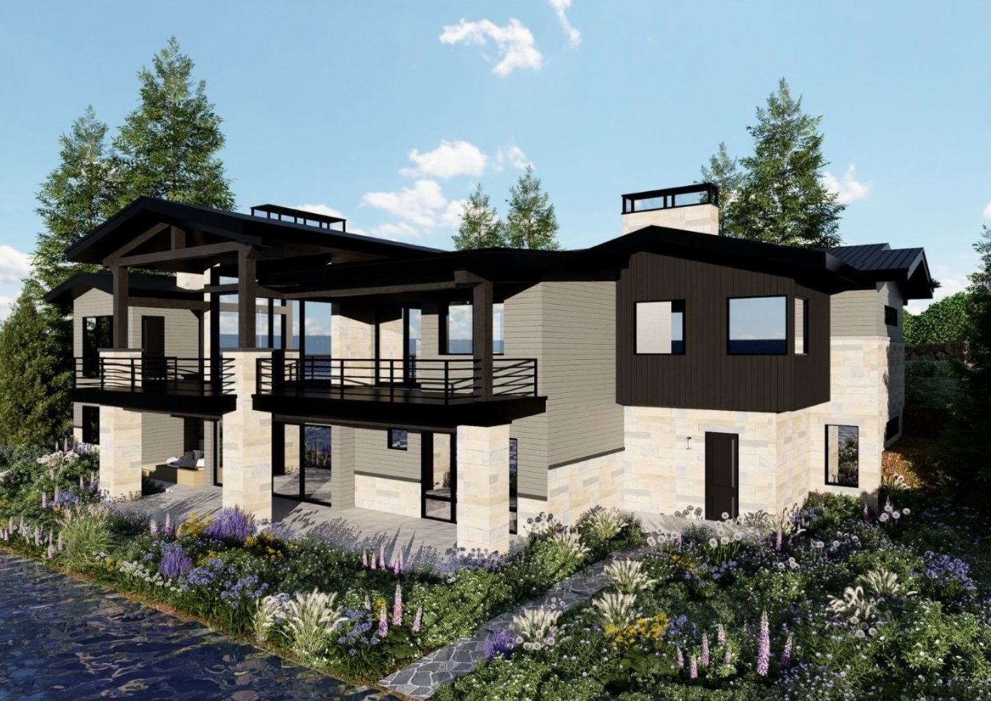Contemporary multi-level residence featuring expansive balconies with black railings, a stone and dark siding exterior, and large windows