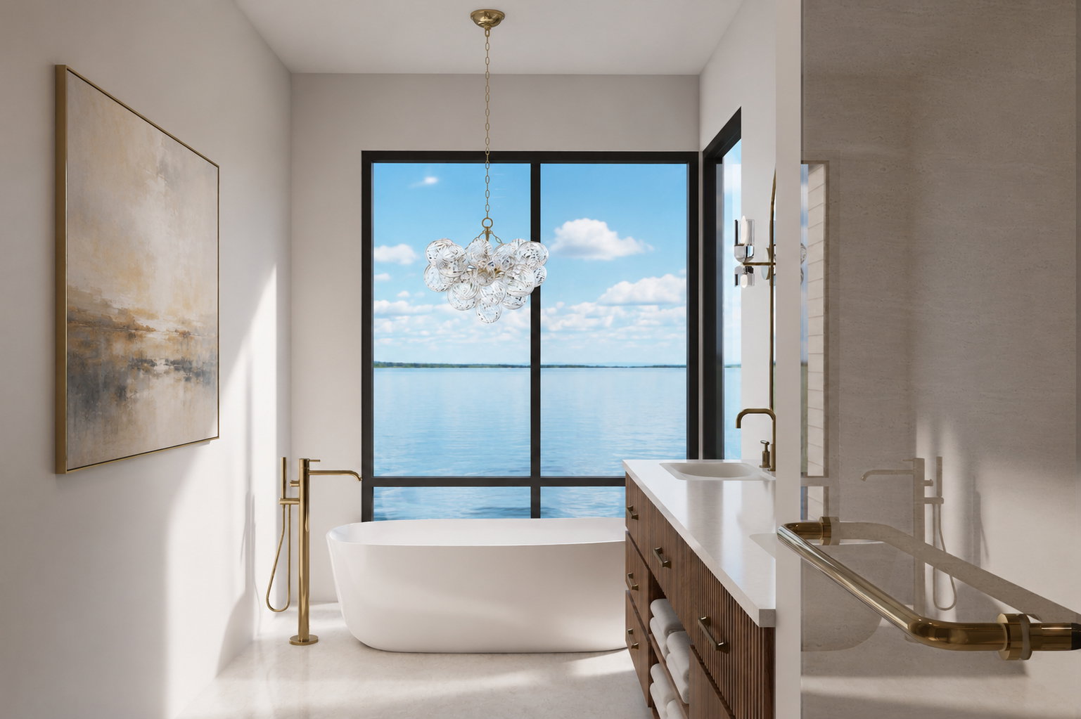 Contemporary bathroom featuring a freestanding soaking tub, expansive window with water scenery, and a crystal chandelier