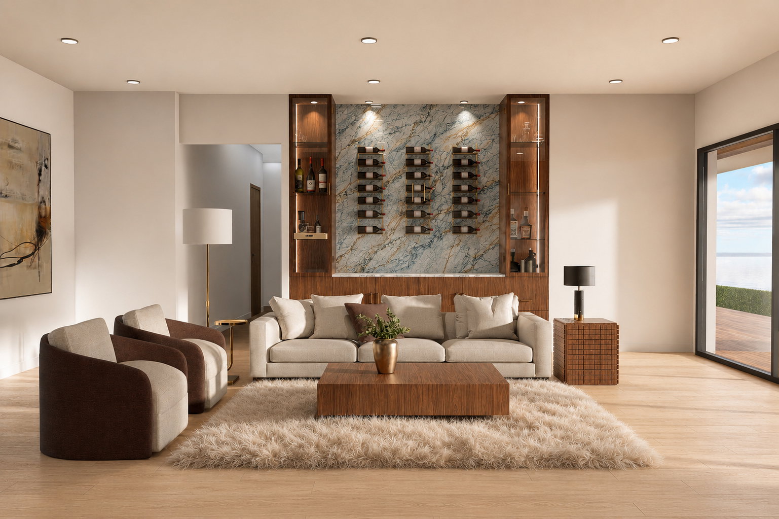 Living area featuring wood-finish flooring, recessed lighting, and a built-in beverage center with illuminated display cabinets and a stone slab backdrop