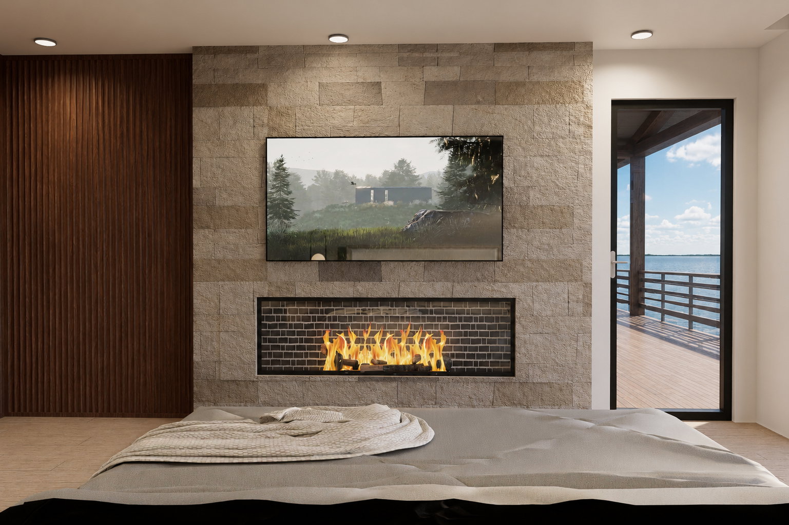 Stone accent wall featuring a linear fireplace and a mounted screen