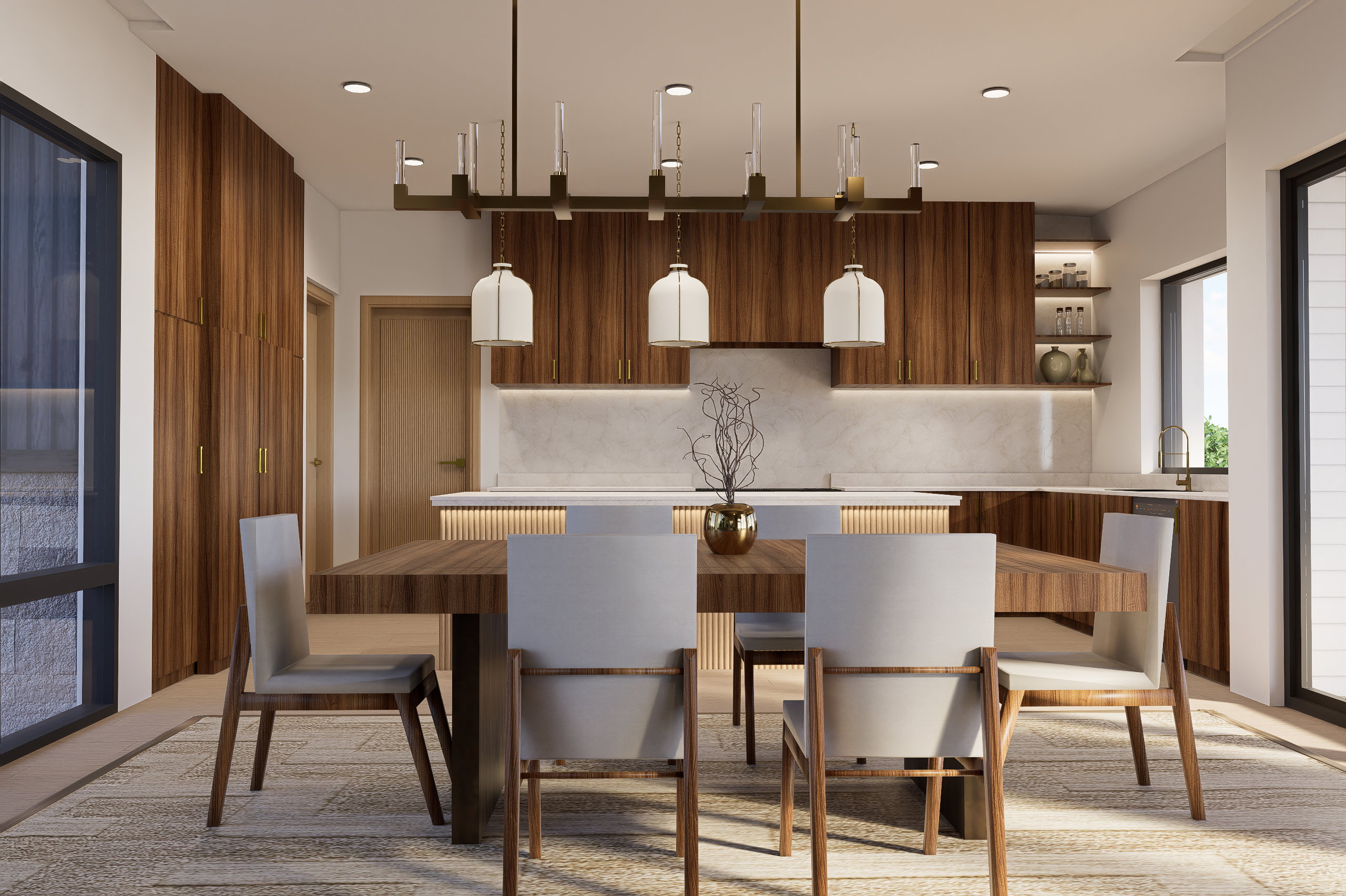 Open-concept dining and kitchen space featuring a long wooden dining table, a linear chandelier with pendant lights, recessed lighting, and large windows