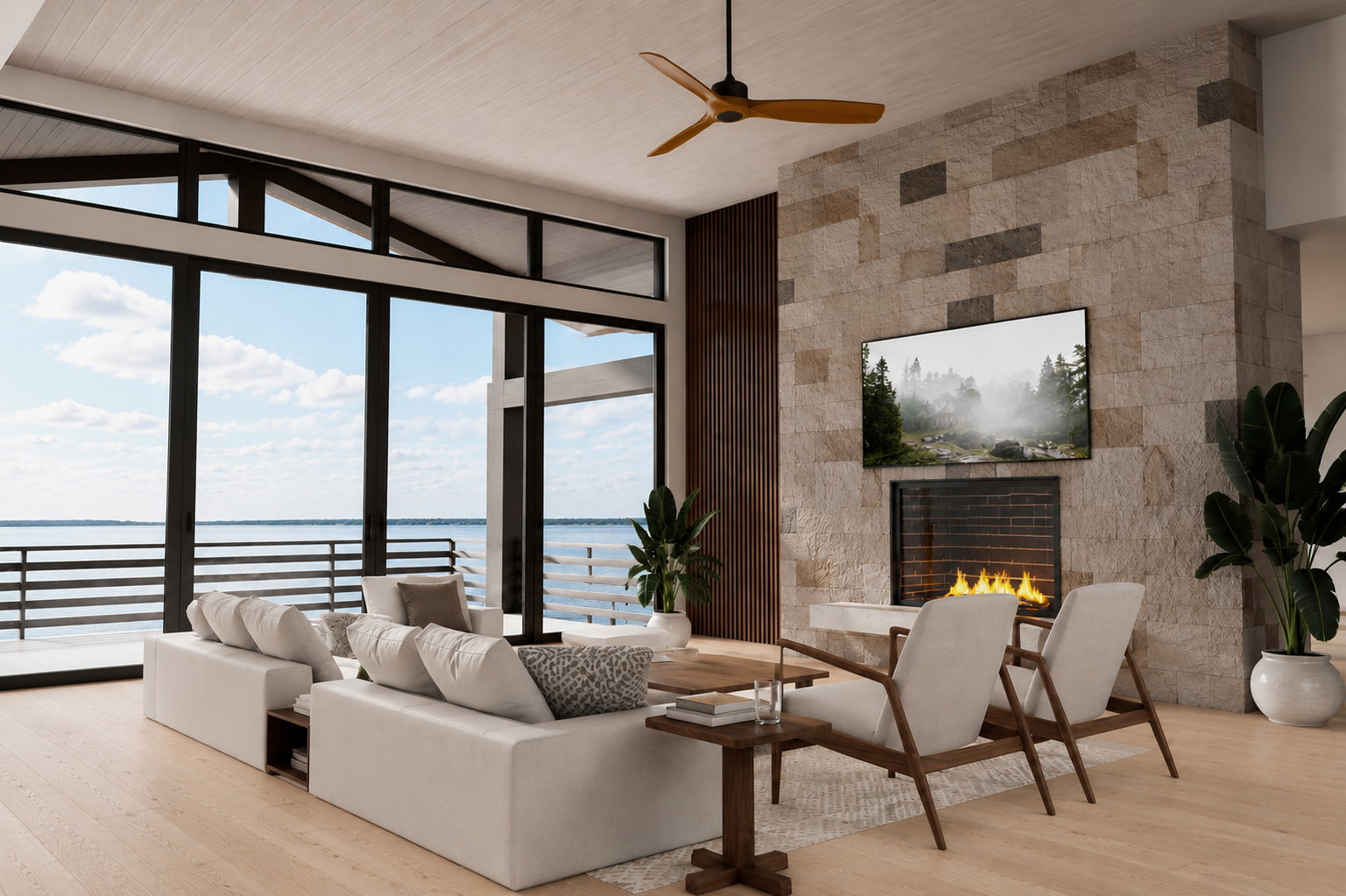 Open-concept living area featuring expansive floor-to-ceiling windows, a stone-clad fireplace, and light wood-finish flooring