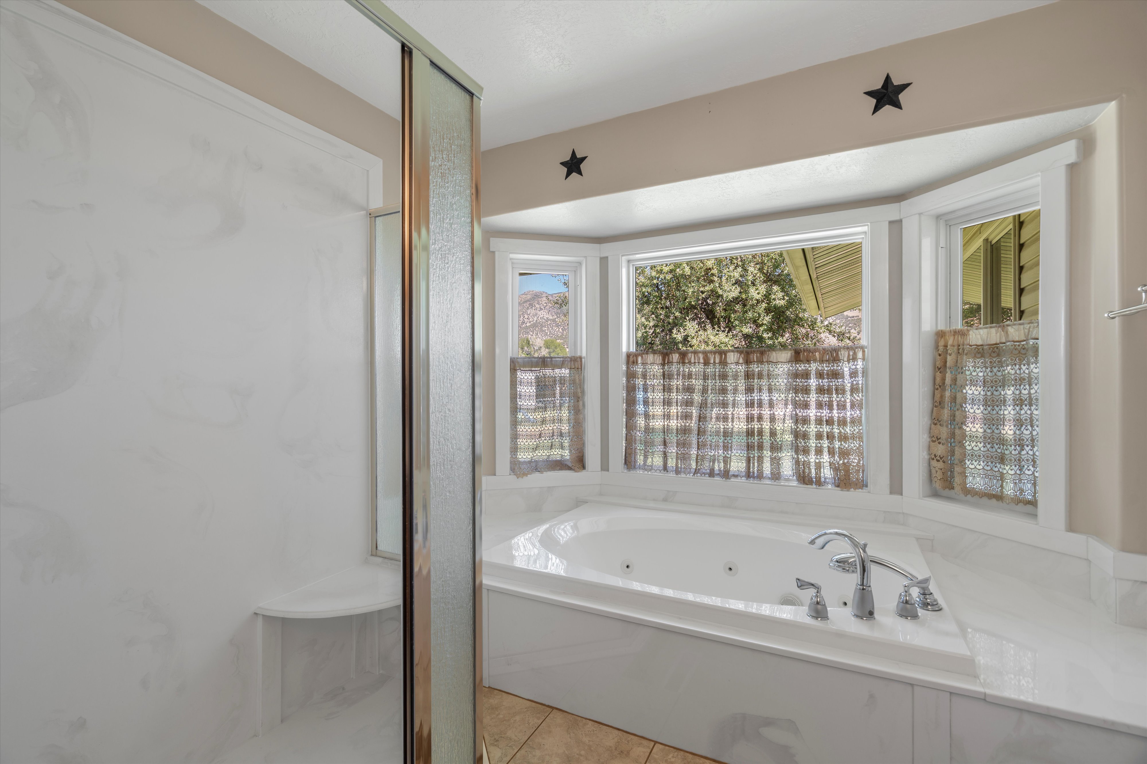 Bathroom featuring a built-in jetted tub, a separate shower with an integrated seat, and a bay window