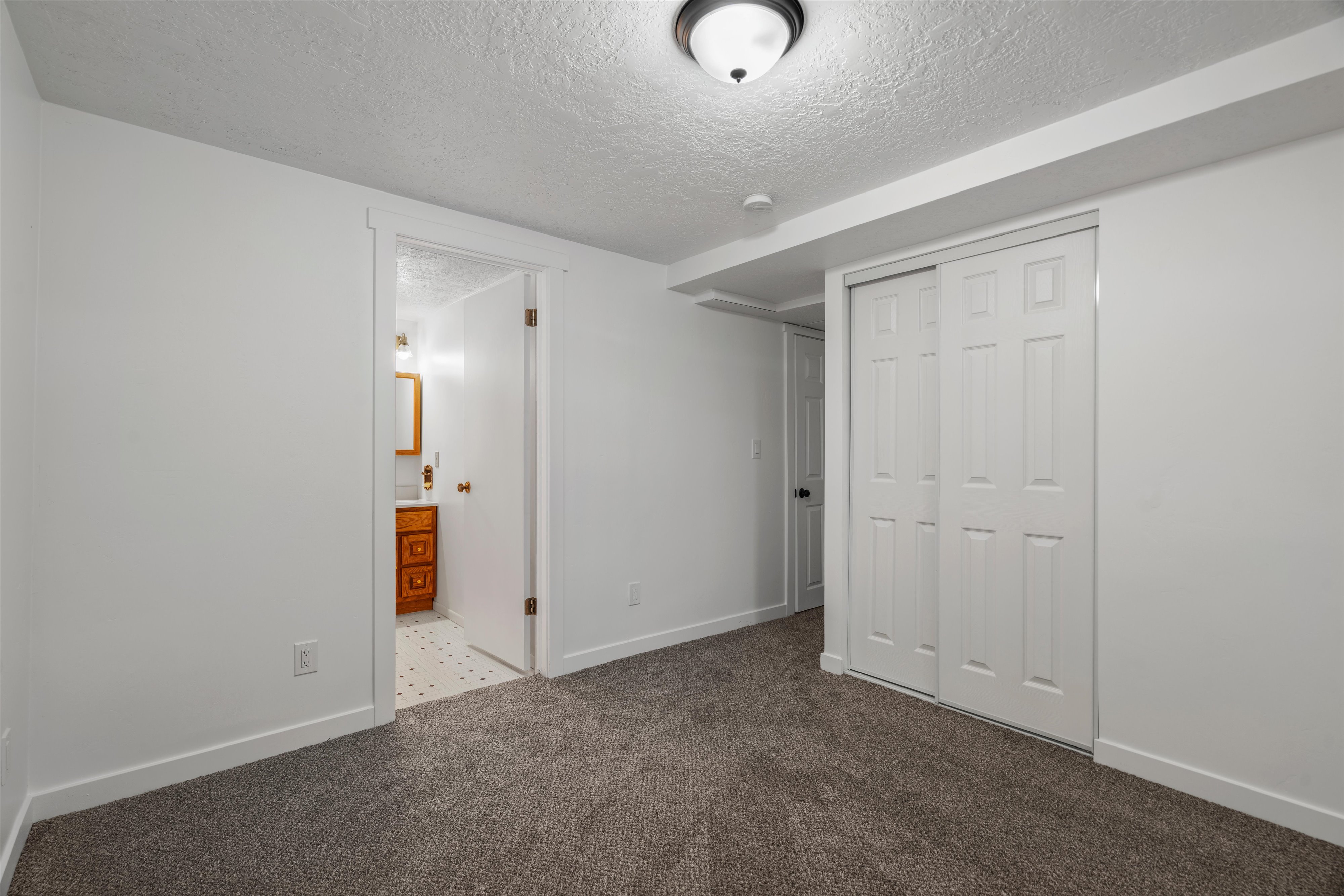 Plush gray carpet flooring, white walls, and a ceiling-mounted light fixture