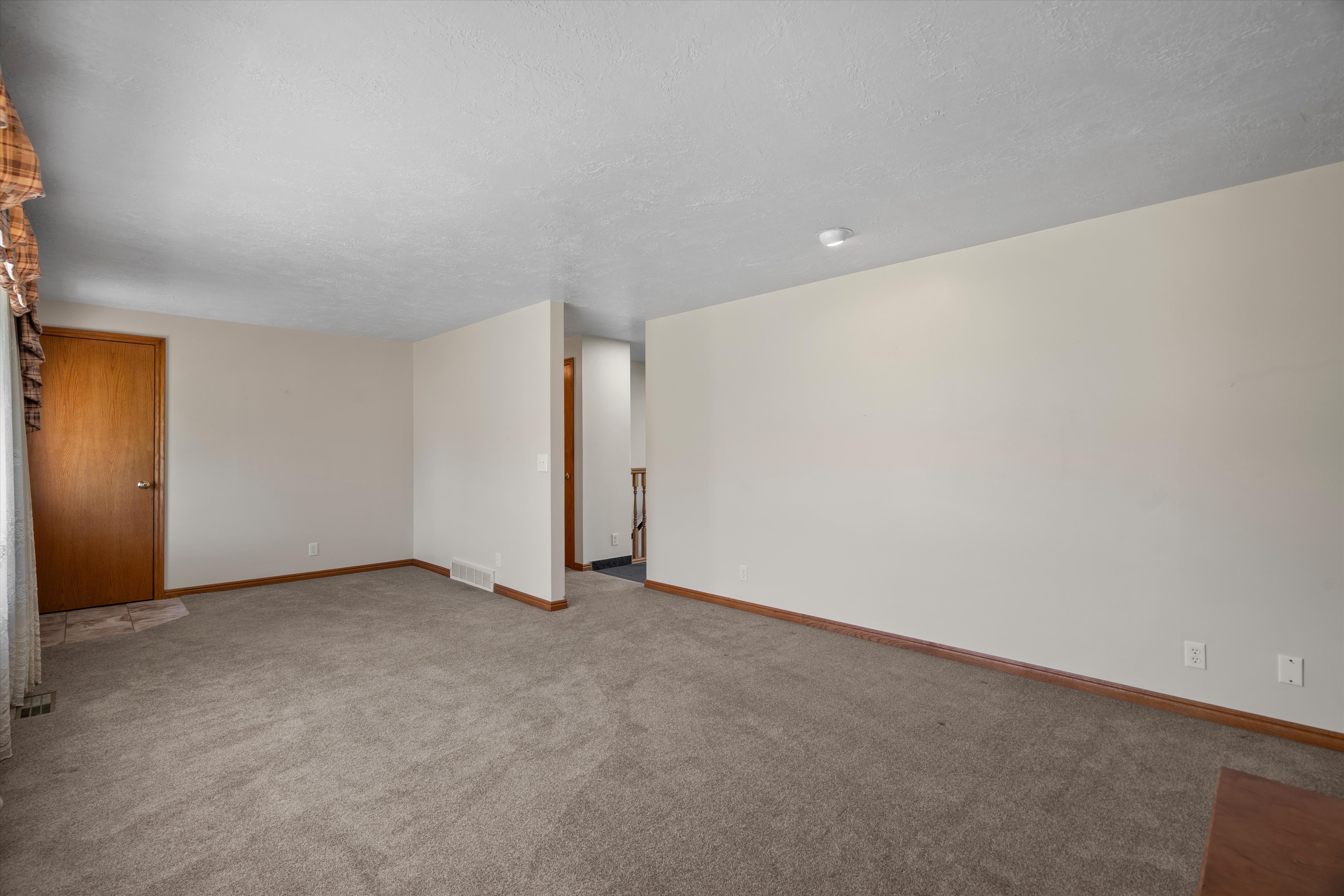 Carpeted living area featuring light-toned walls, wood-finish trim, and a prominent interior door with a wood finish