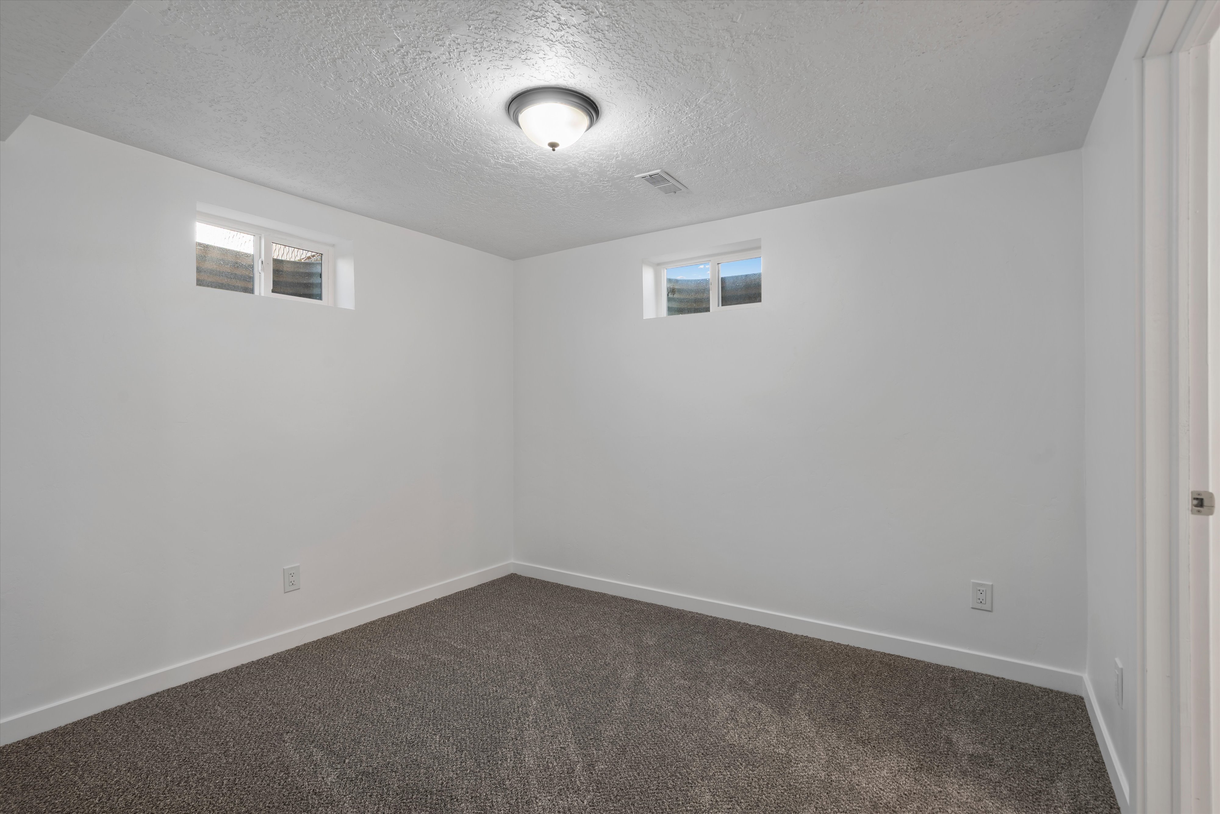 Room featuring two windows, neutral carpeting, white walls, and a semi-flush mount ceiling light