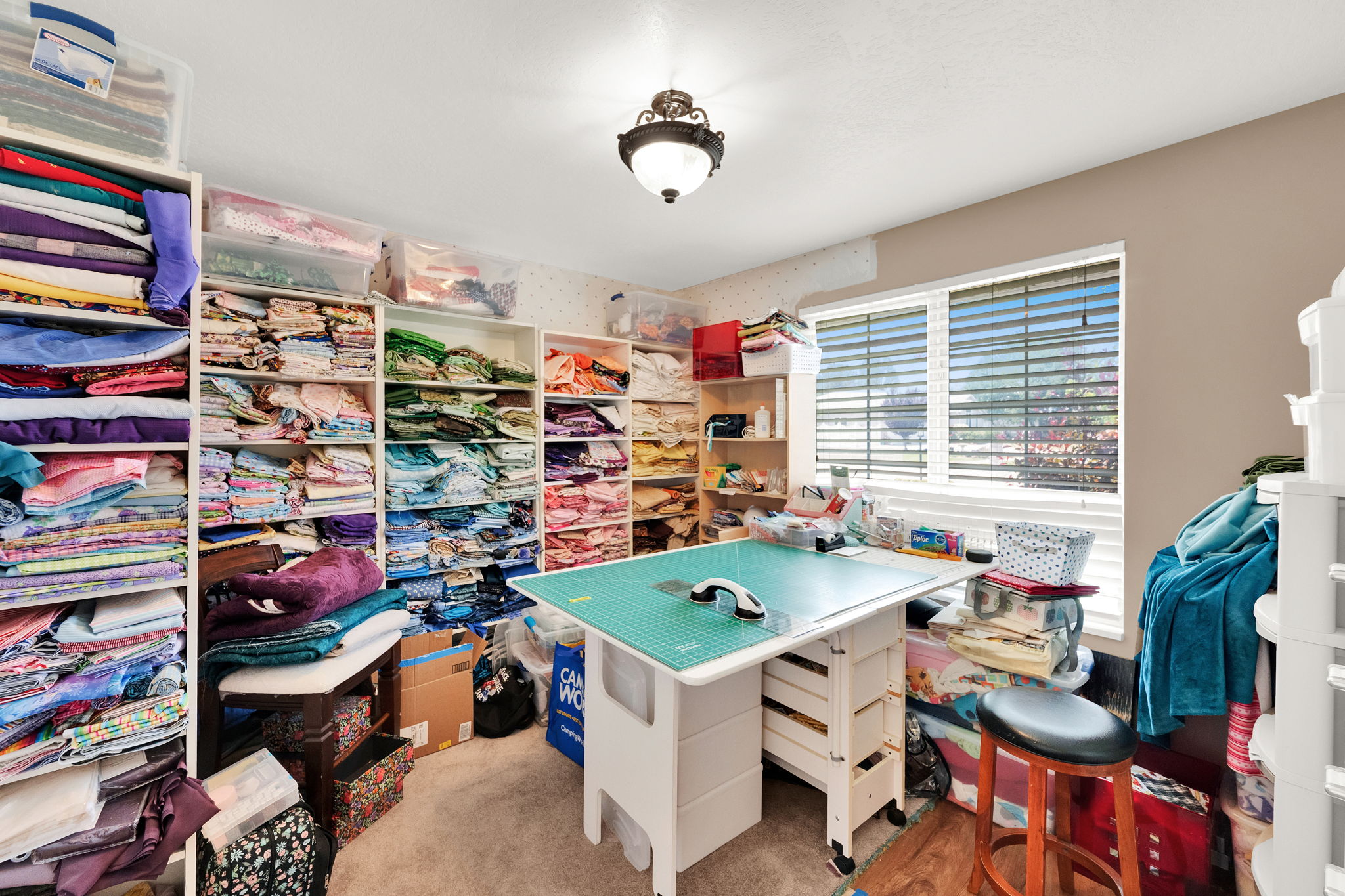 Dedicated hobby space featuring comprehensive built-in shelving, ample natural light from a double window, and a ceiling-mounted light fixture