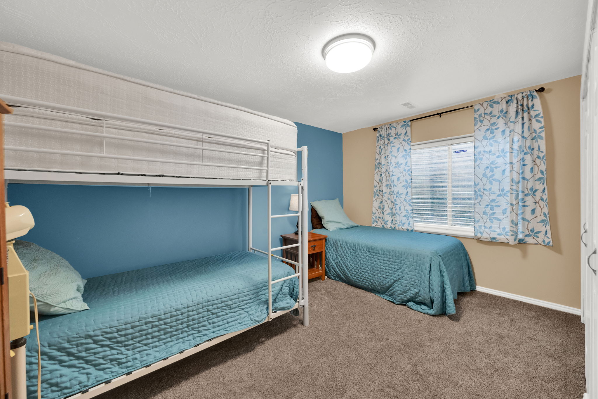 Carpeted room featuring a window with blinds, a ceiling-mounted light fixture, and two-tone wall paint