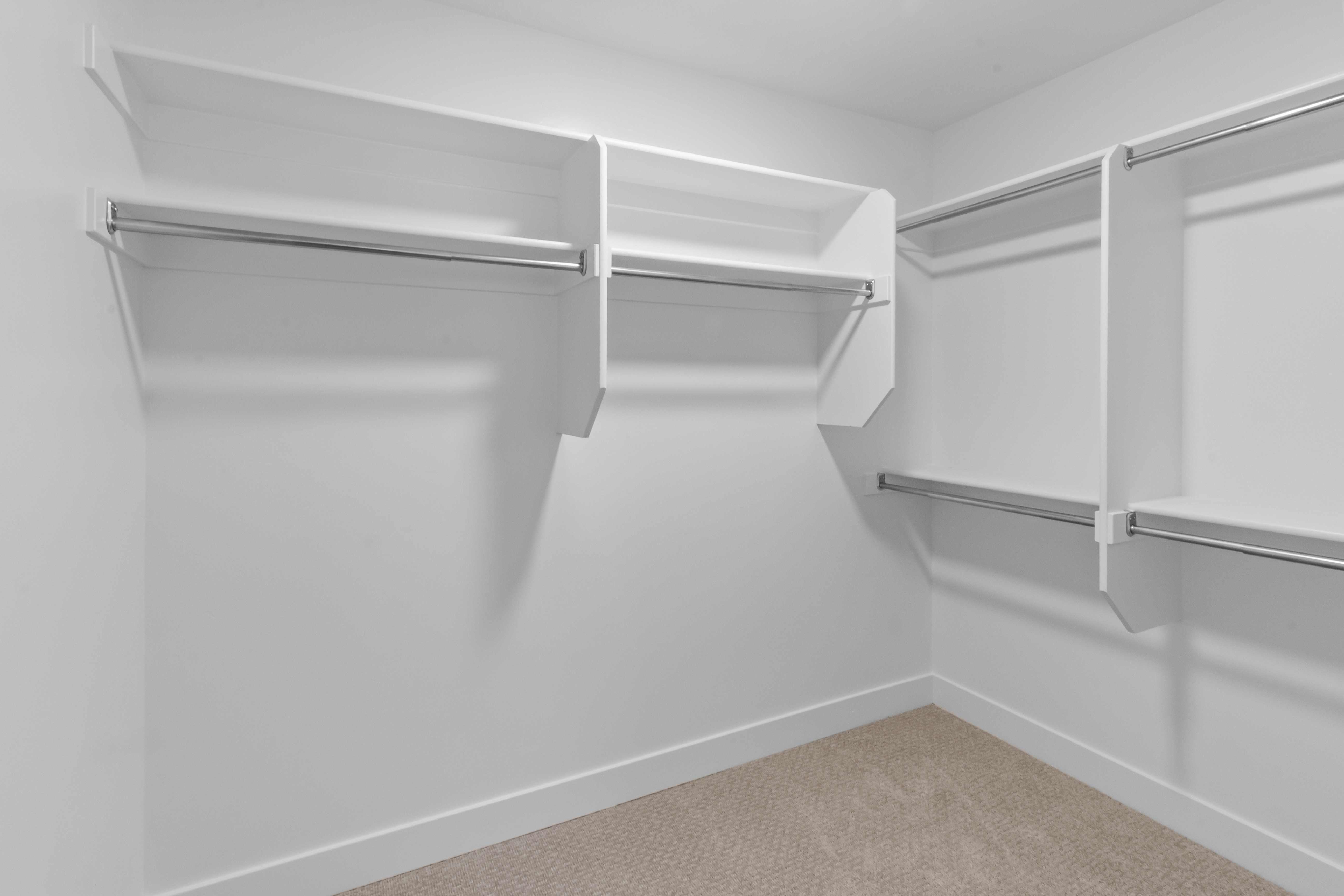 Walk-in closet featuring white built-in shelving, chrome hanging rods, and neutral-toned carpet flooring