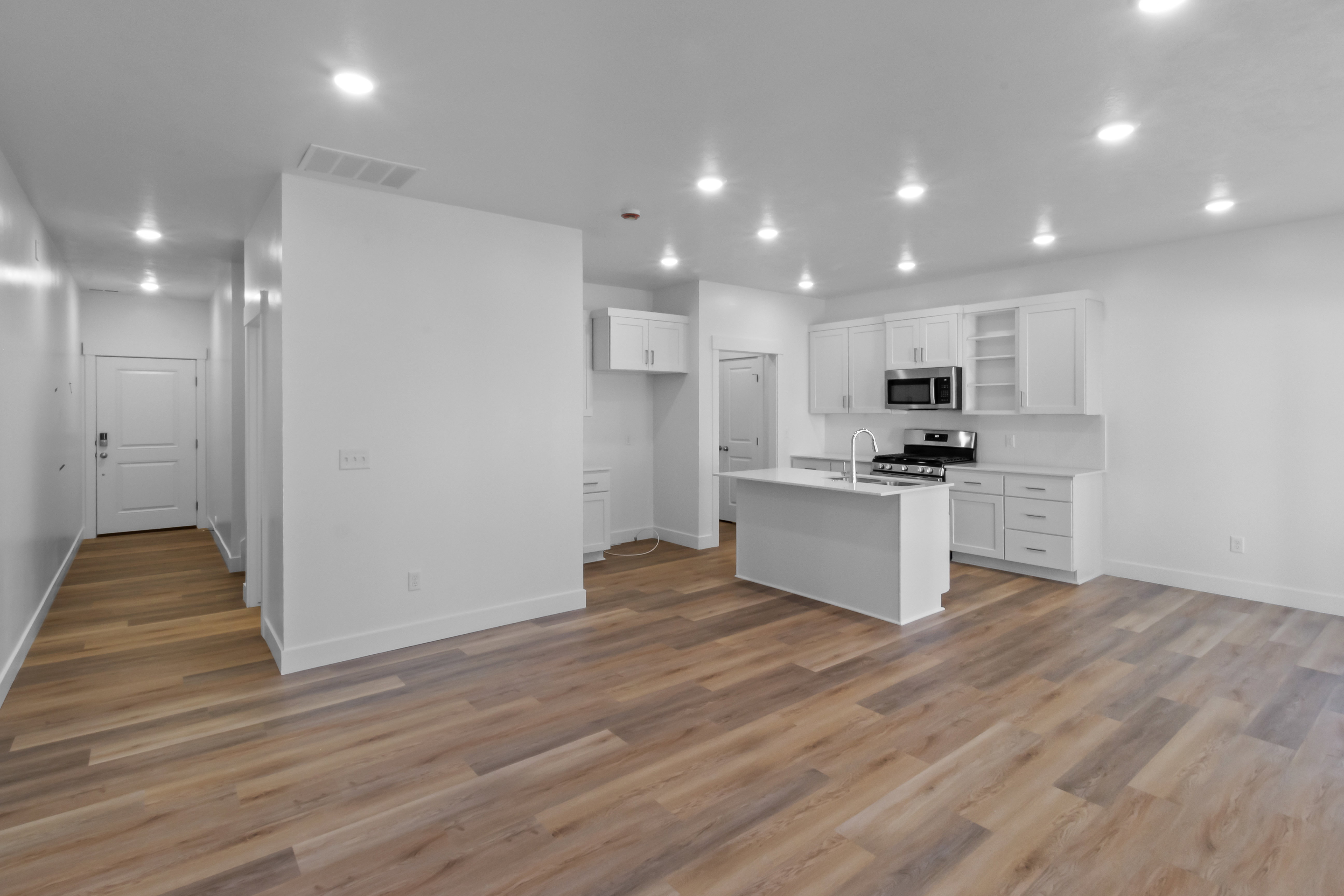 Open-concept living space featuring wood-finish flooring, recessed lighting, and a contemporary kitchen