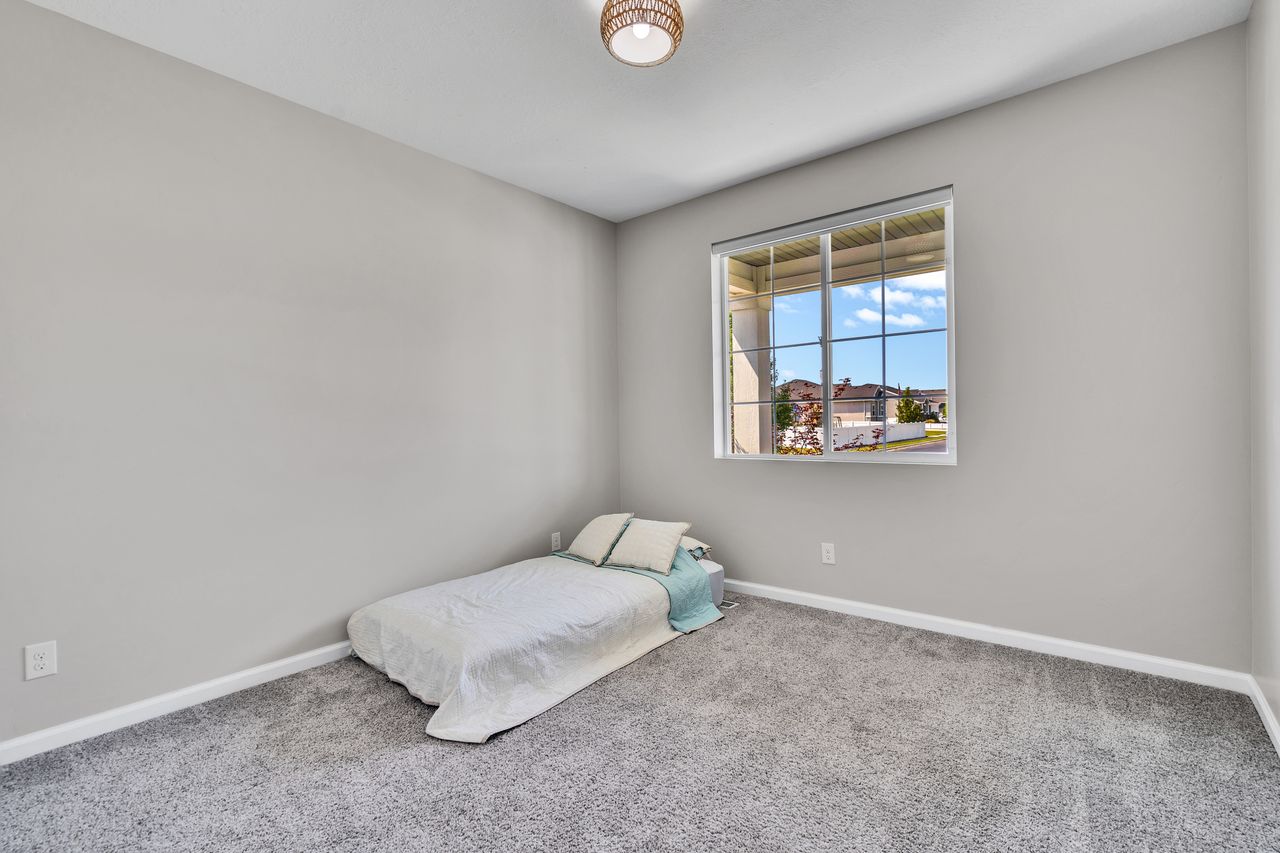 Carpeted room with light grey walls and white trim