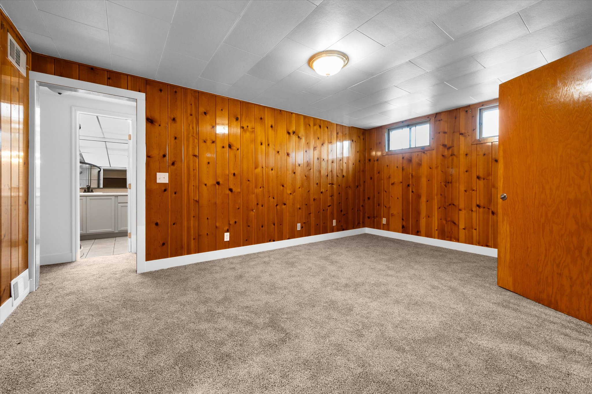 Spacious room featuring wood paneling, light gray carpeting, and a white ceiling