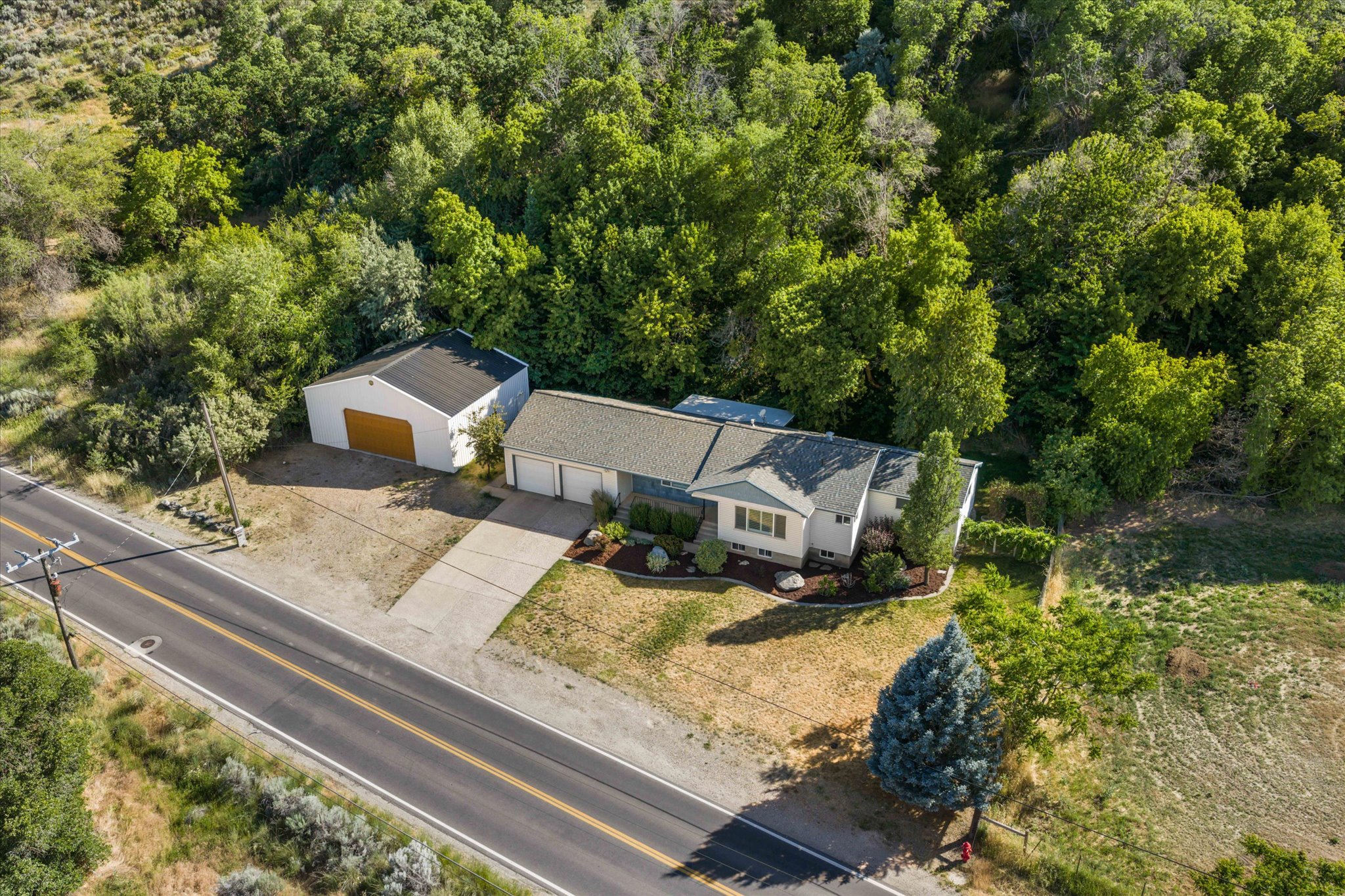 Property featuring a main residence with a two-car garage, a detached white outbuilding with a single garage door, a concrete driveway, and mature landscaping