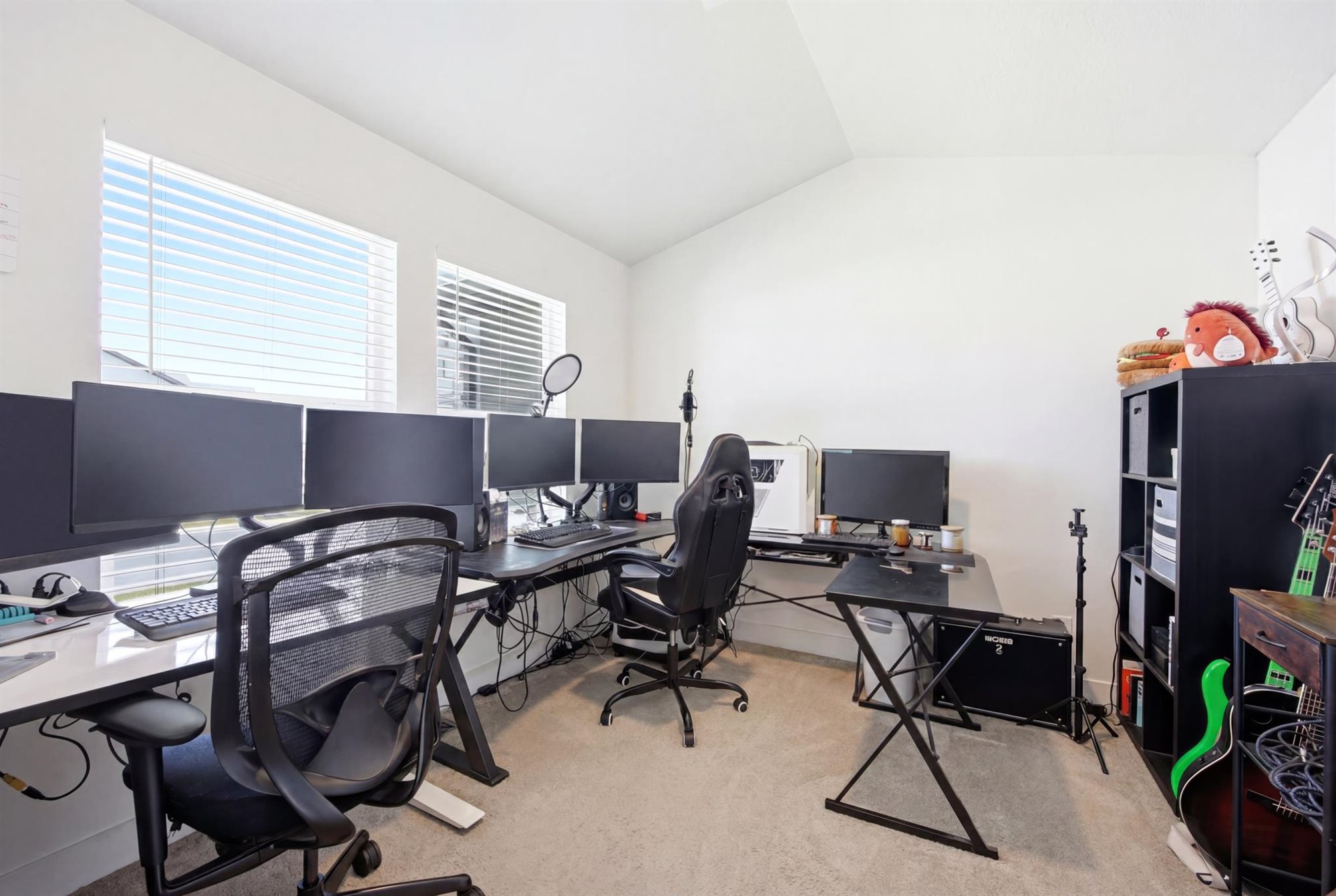 Dedicated room featuring multiple windows with horizontal blinds, sloped ceilings, and carpet flooring