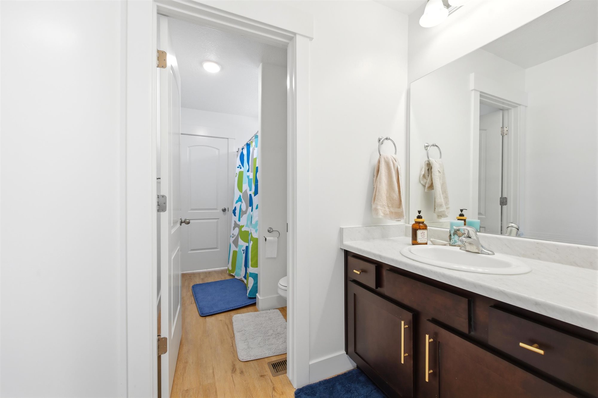 Bathroom vanity featuring a single basin sink and a stone-finish countertop