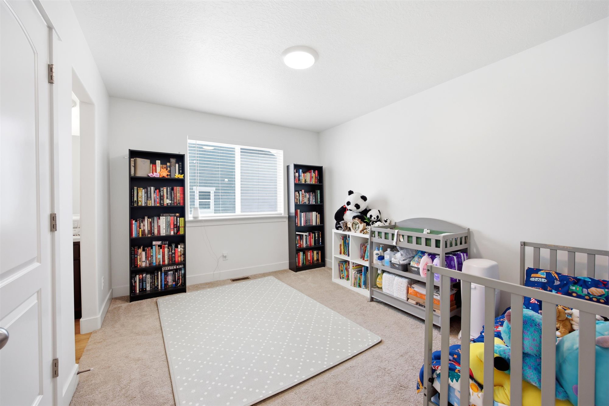 Carpeted room featuring a large window with blinds, white walls, and a ceiling-mounted light fixture