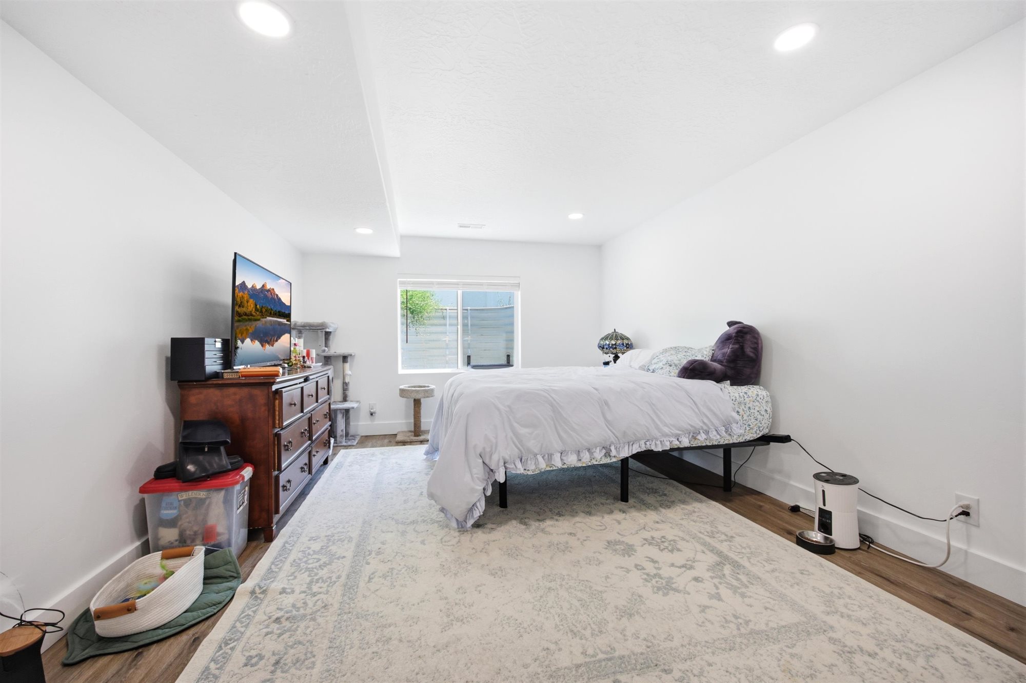 Bedroom featuring recessed lighting, a window with exterior visibility, wood-finish flooring, and white baseboards