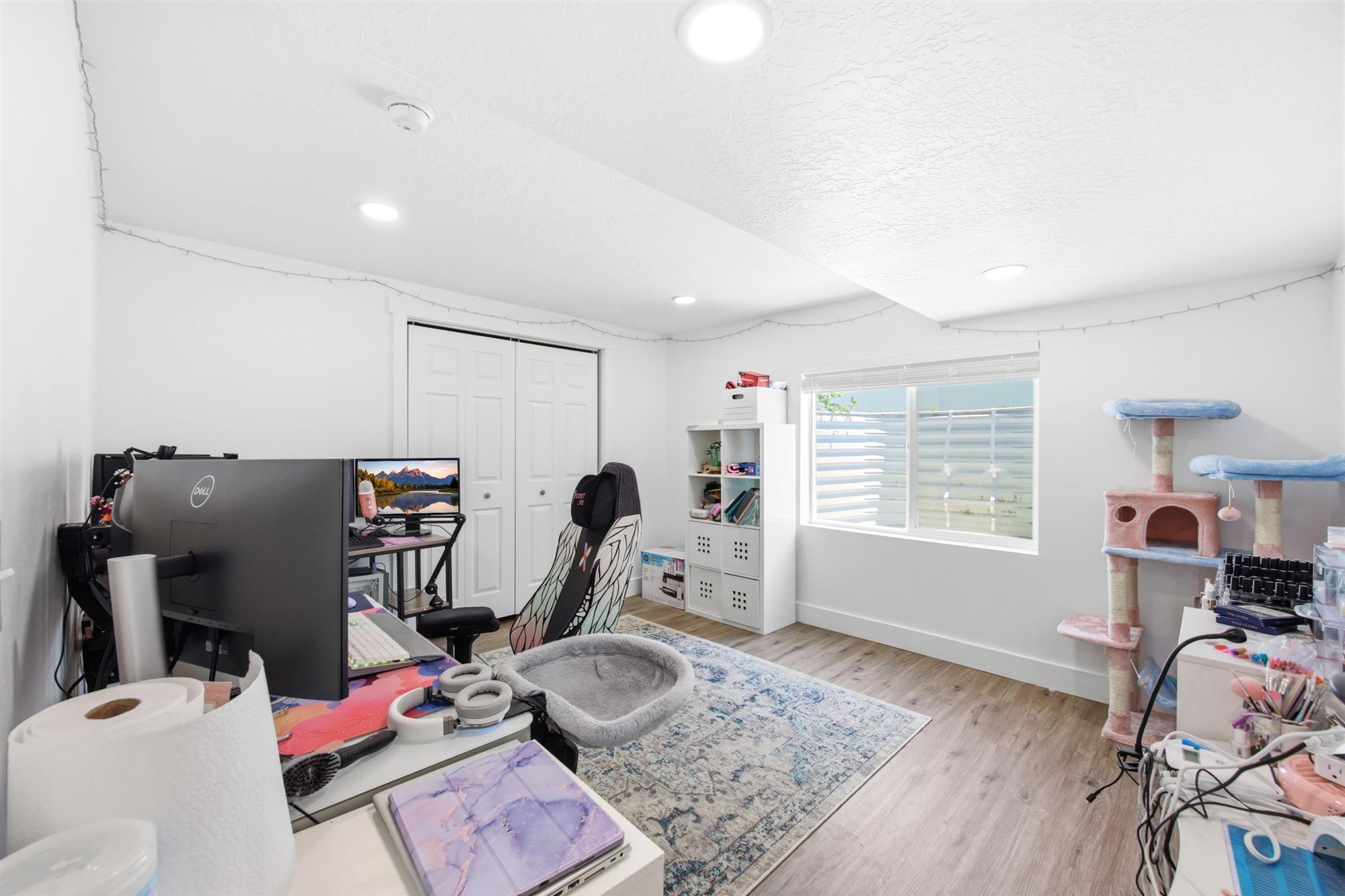 Bright room featuring wood-finish flooring, a double window, and recessed lighting