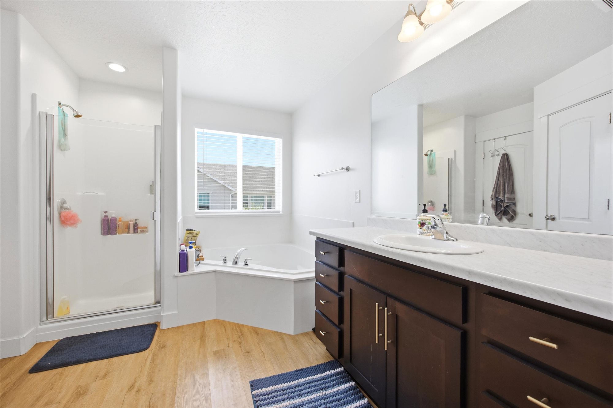 Bright bathroom featuring wood-finish flooring
