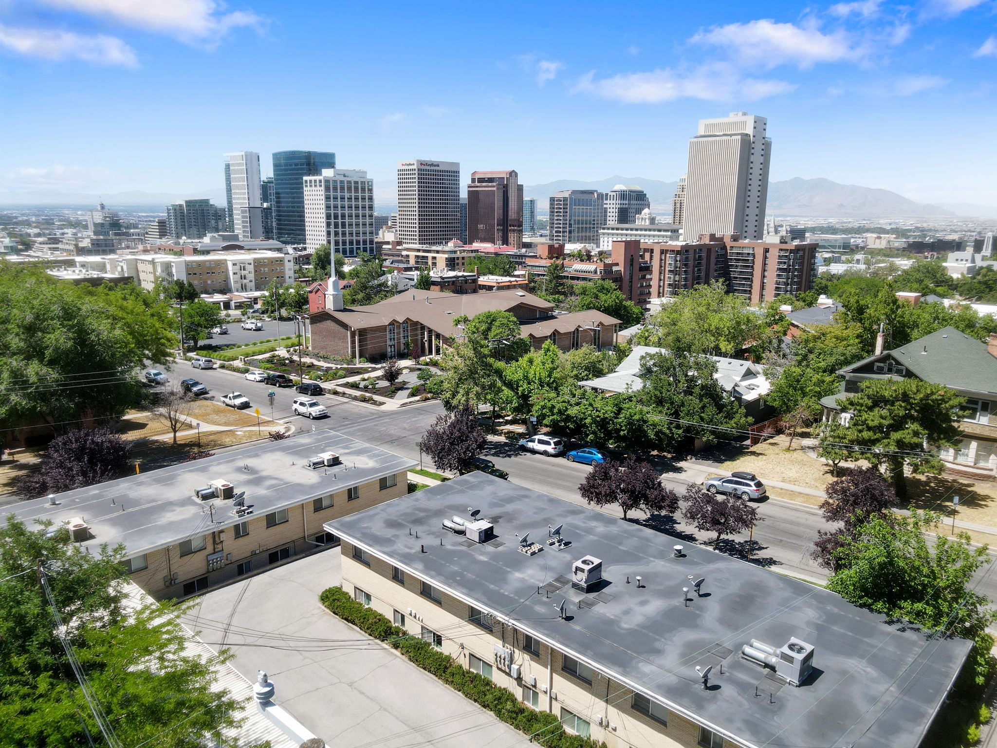 Urban skyline backdrop with distant mountains framing the cityscape