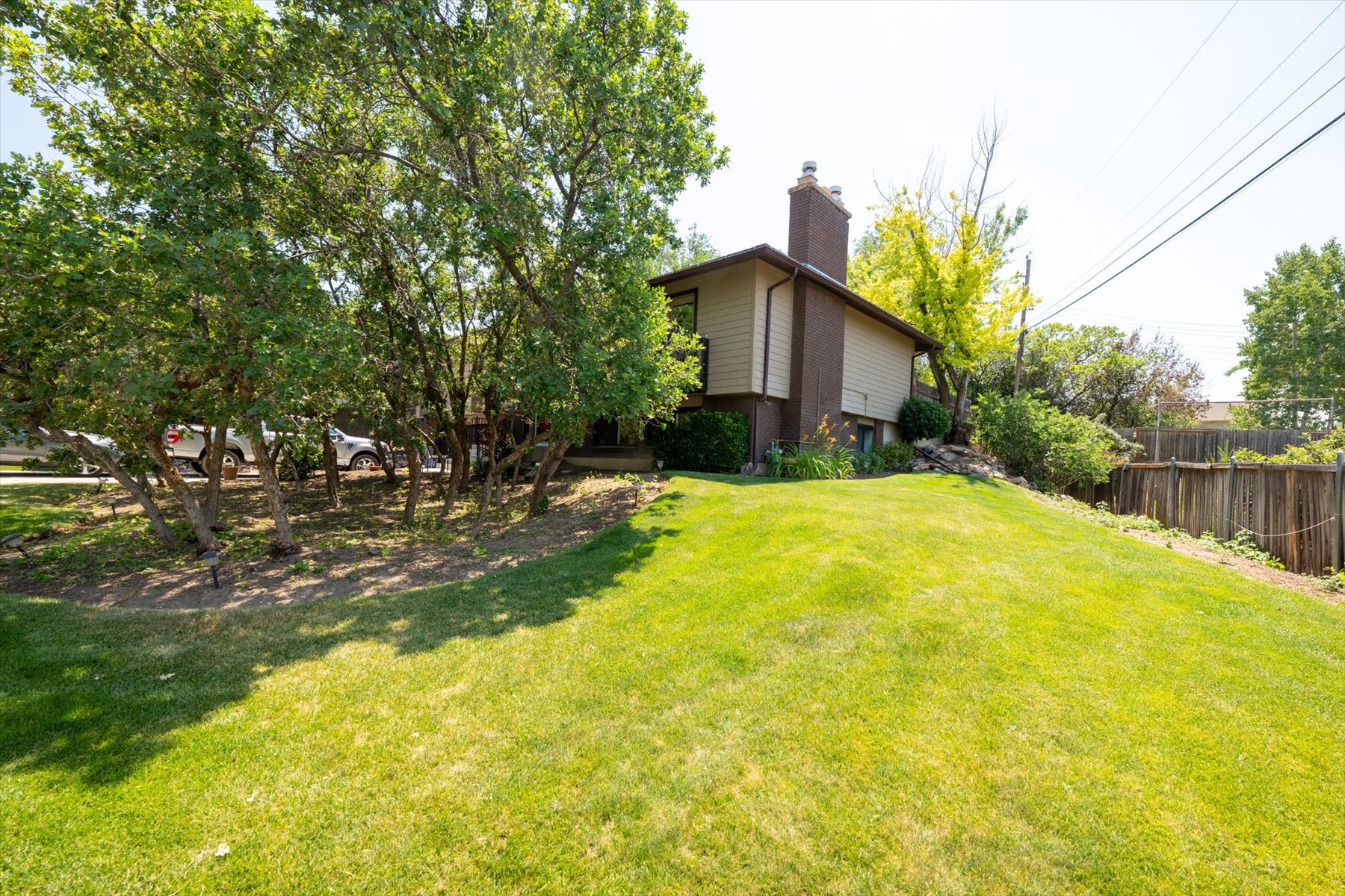 Expansive grassy yard with a gentle slope