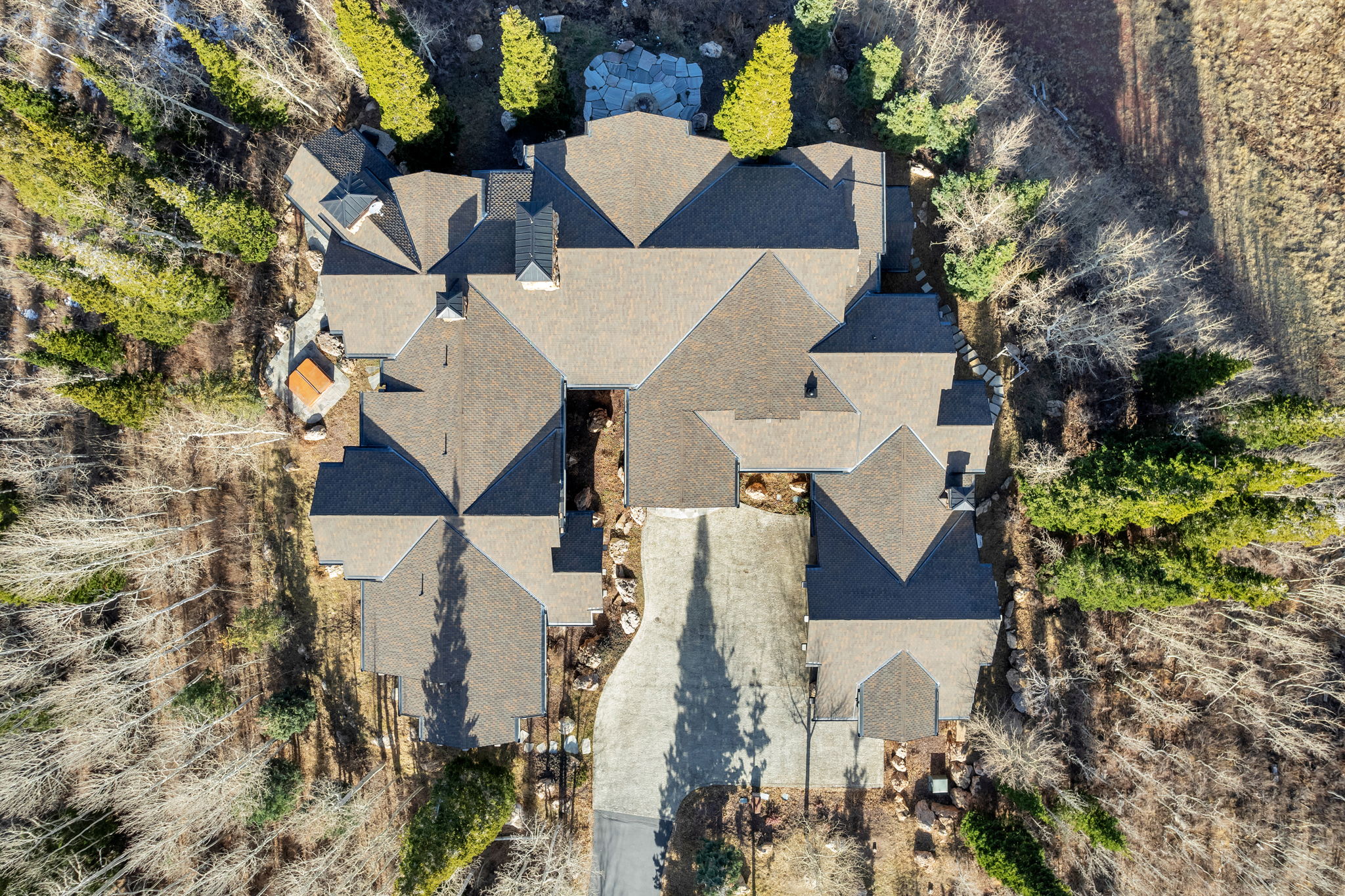 Expansive property featuring a multi-gabled roofline, varied roof elevations, and an elongated driveway