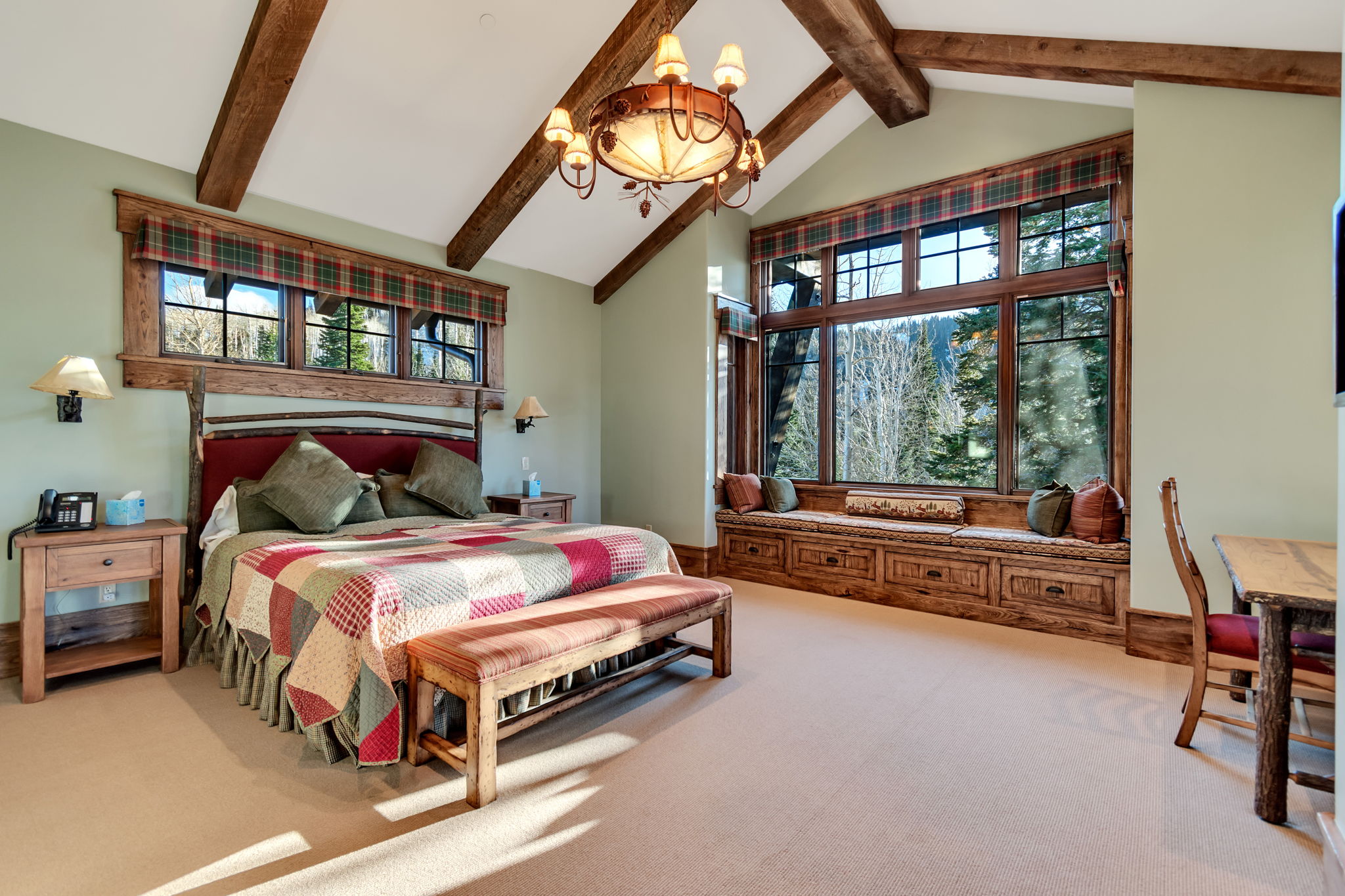 Vaulted ceiling with exposed wood beams
