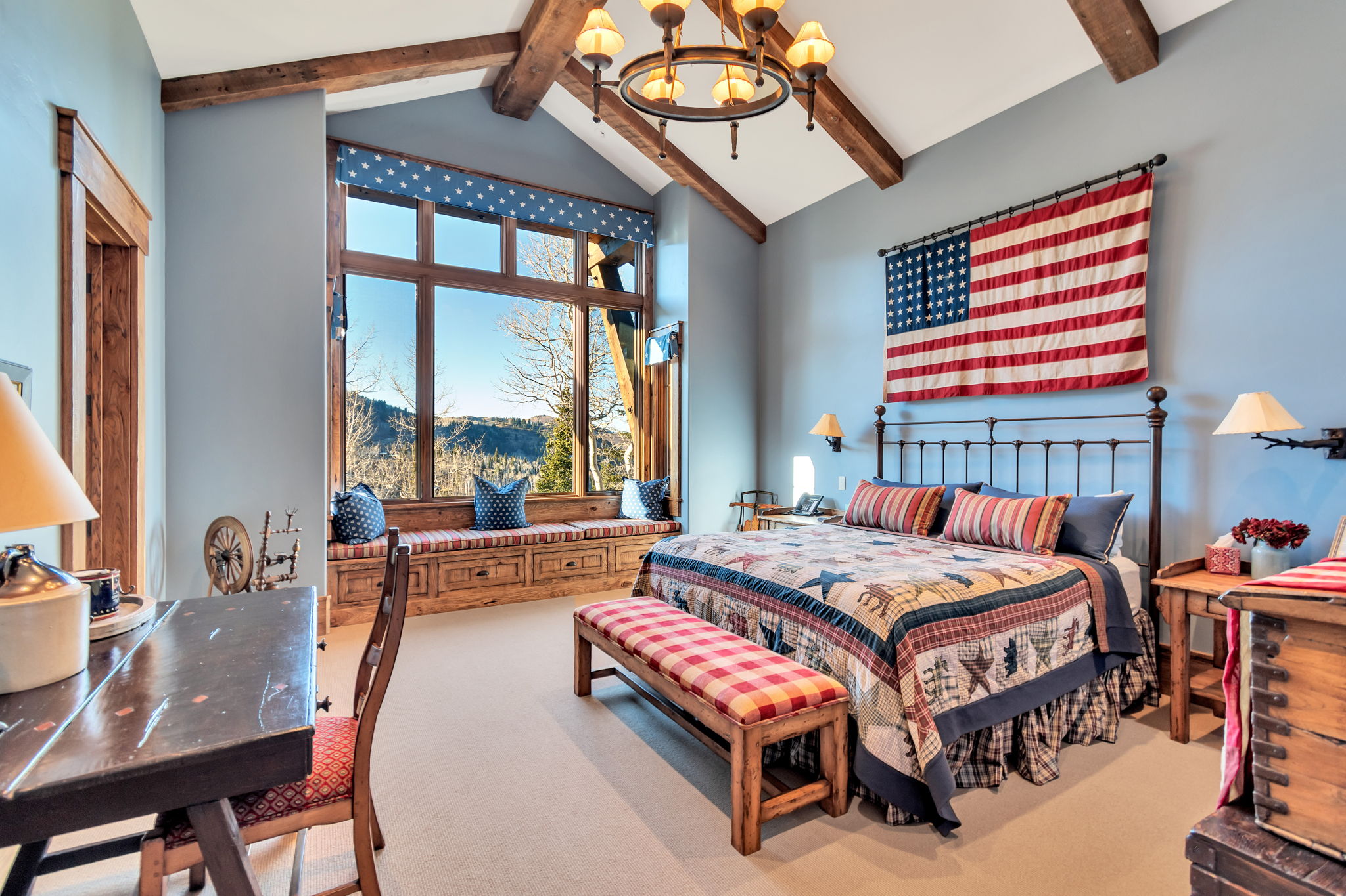 Vaulted ceilings with exposed wood beams
