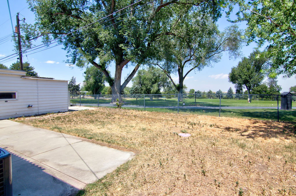 Rear yard featuring a concrete pad, mature trees, and chain-link fencing
