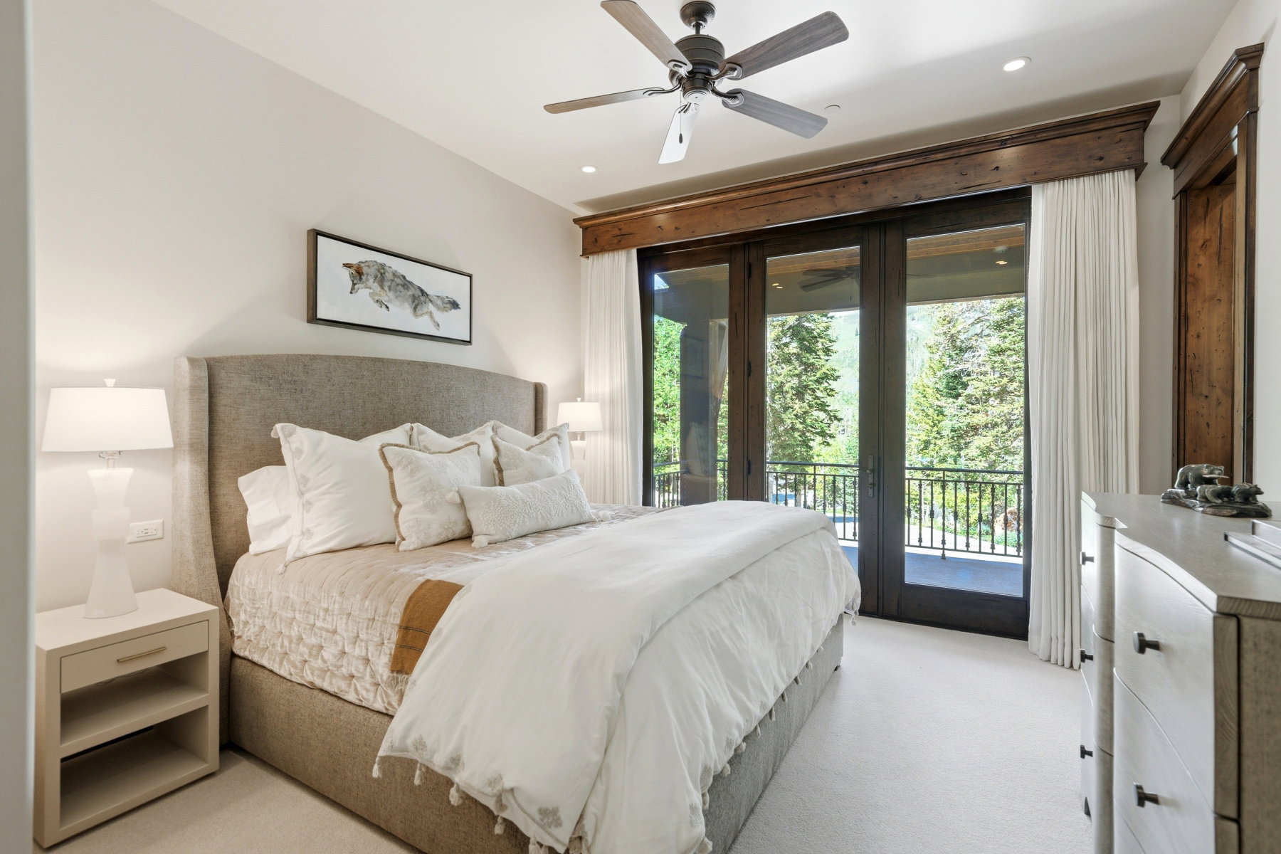 Bedroom featuring a ceiling fan, recessed lighting, and light-toned carpet flooring