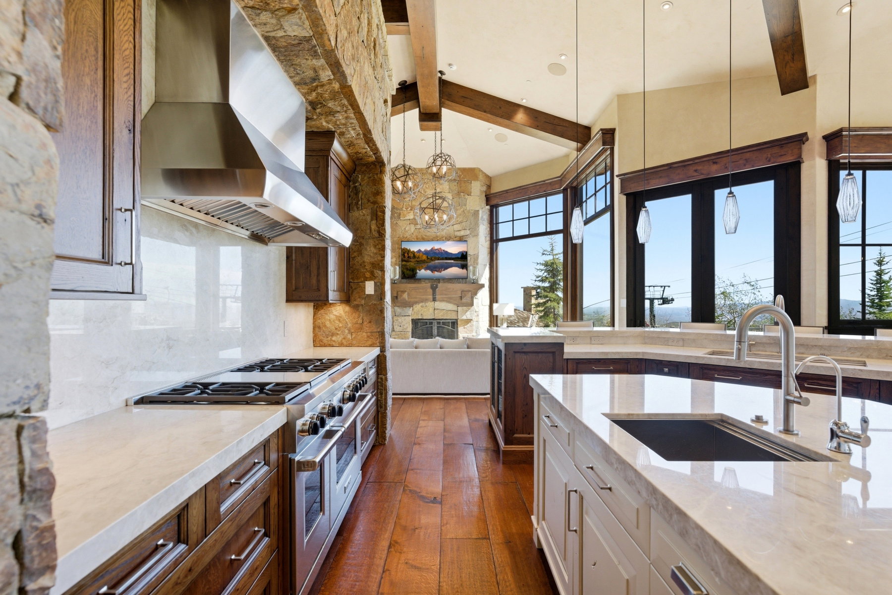 Gourmet kitchen featuring a large island with an undermount sink, stainless steel appliances, and wood-finish flooring