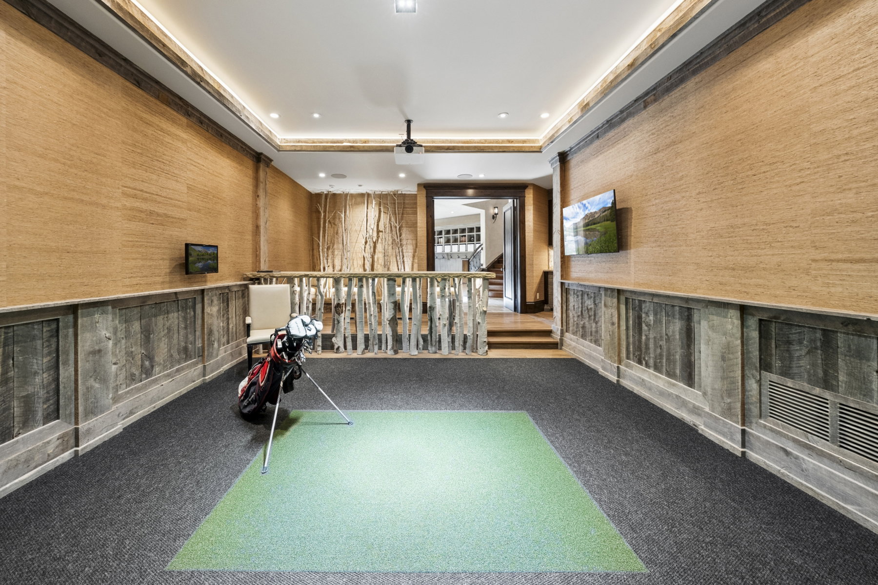 Recreation room featuring a golf simulator area, projector, and wall-mounted screens