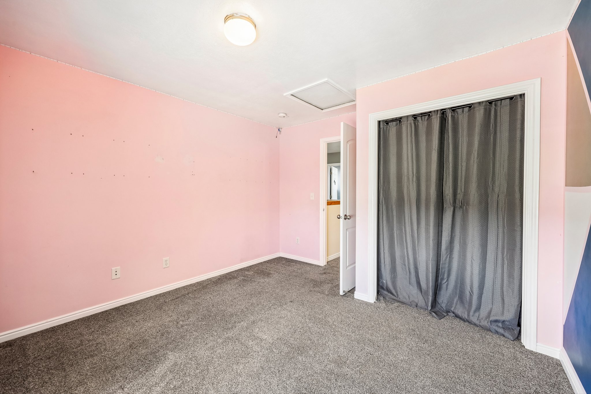 Room featuring neutral carpet flooring, a ceiling-mounted light fixture, and a closet with dark fabric coverings