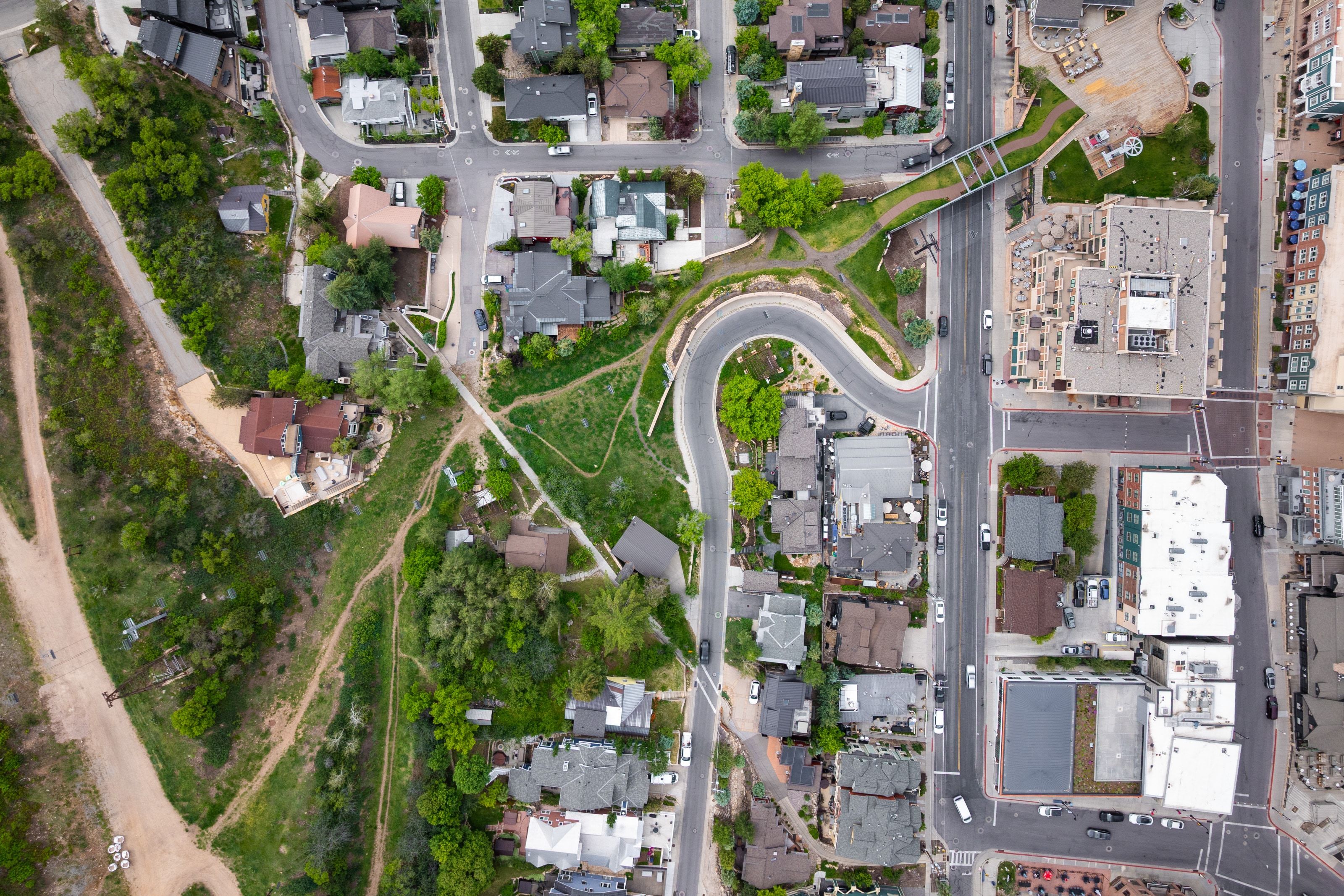 Aerial perspective showcasing an urban and residential landscape