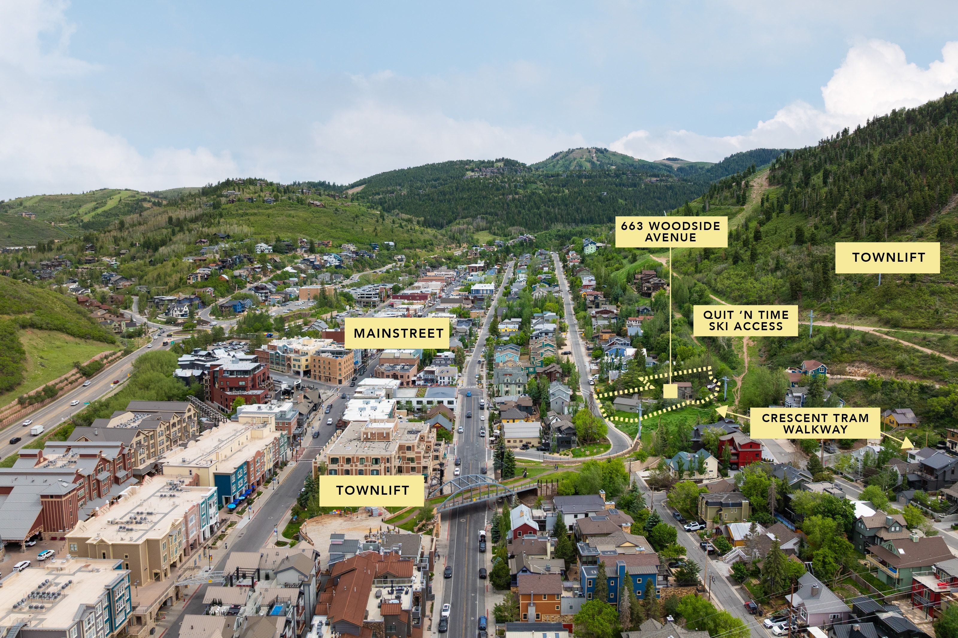 Aerial perspective showcasing the property at 663 Woodside Avenue, with proximity to Mainstreet and Townlift