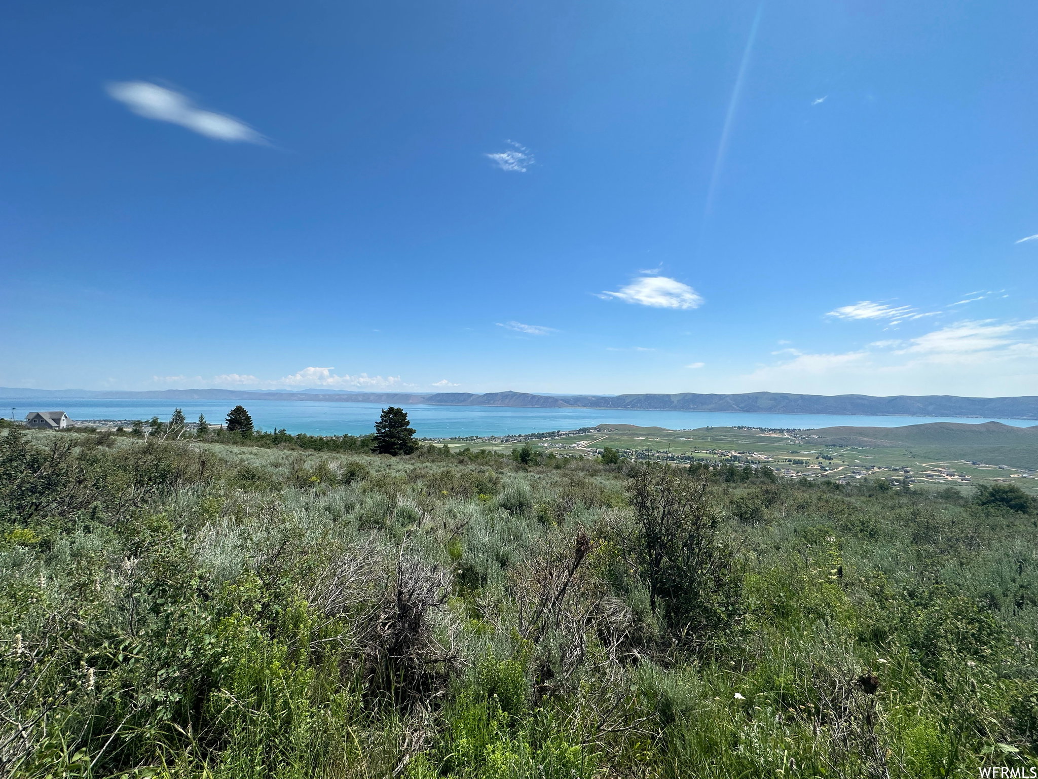 Expansive hillside property featuring diverse natural vegetation, open terrain, a clear blue sky, distant mountainous landforms, and a broad water body