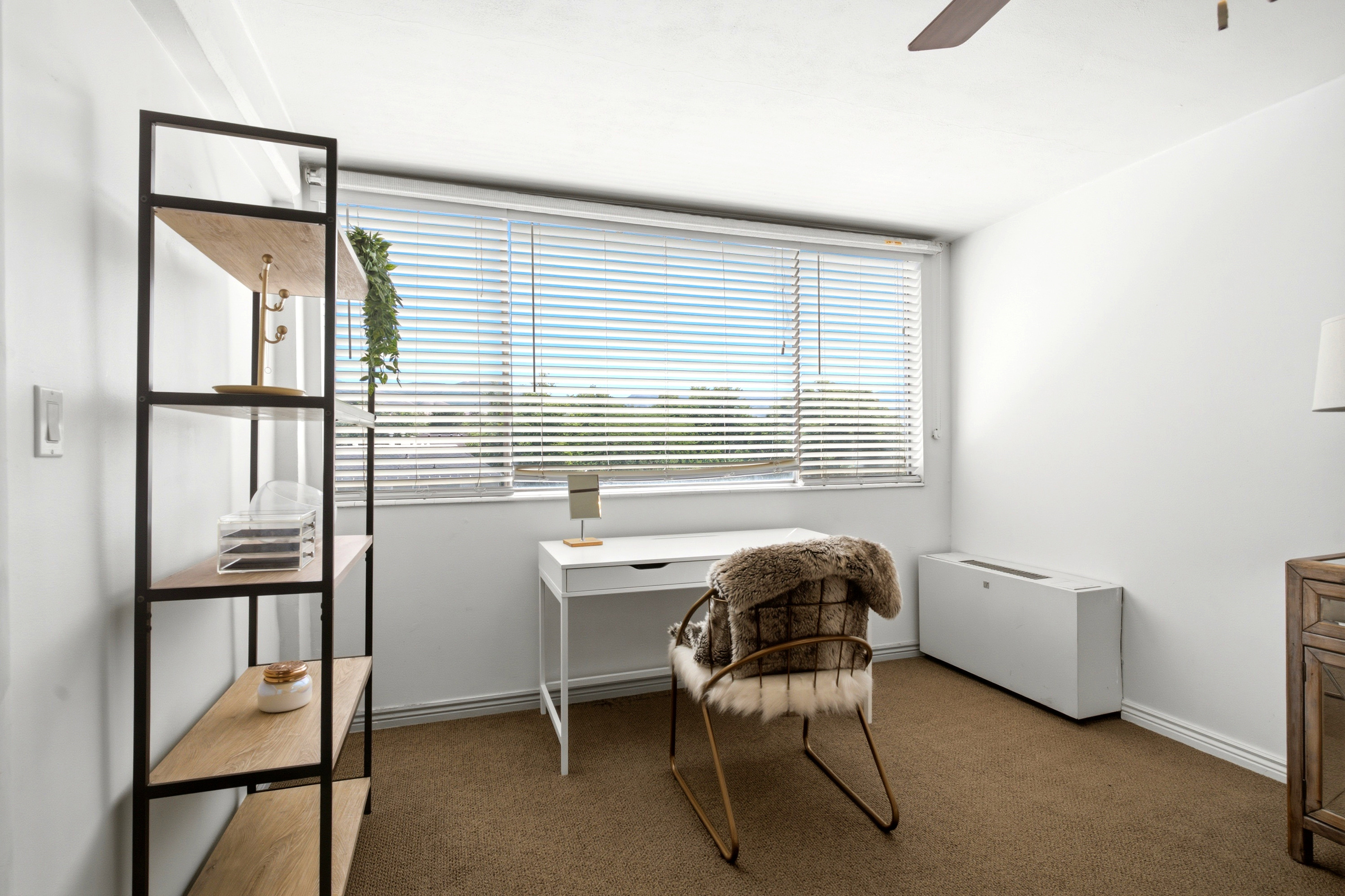Room featuring neutral carpeting, a wide window with horizontal blinds, and a built-in heating/cooling unit