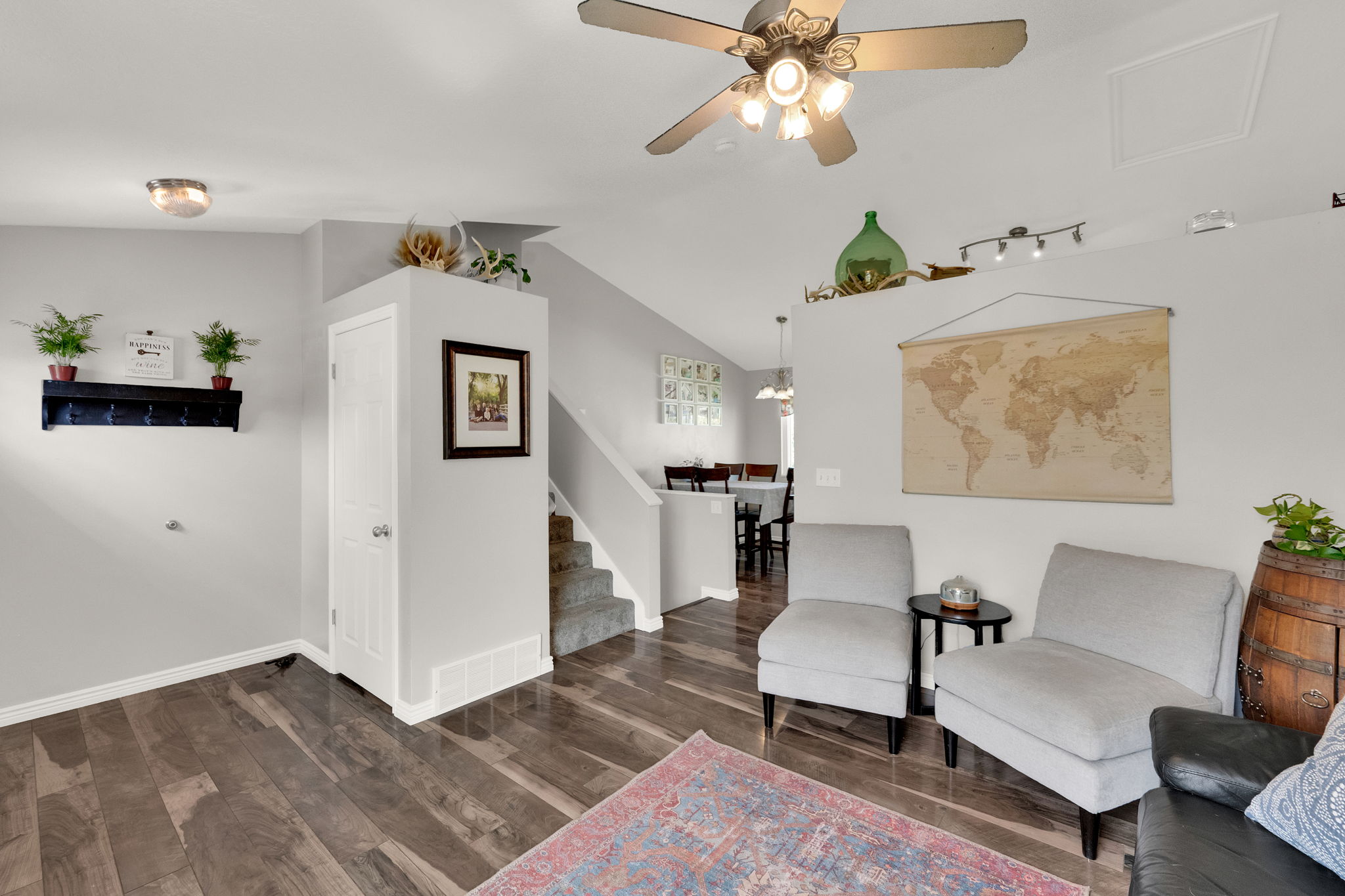 Hardwood-style flooring extends through the main living area