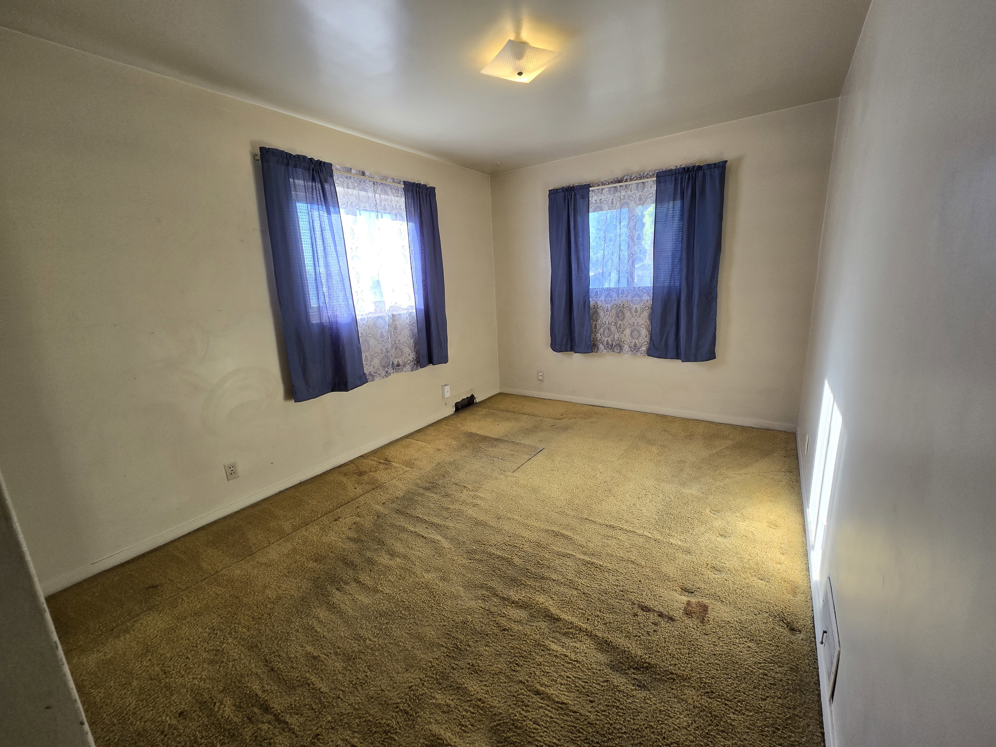 Room featuring a ceiling-mounted light fixture and two windows