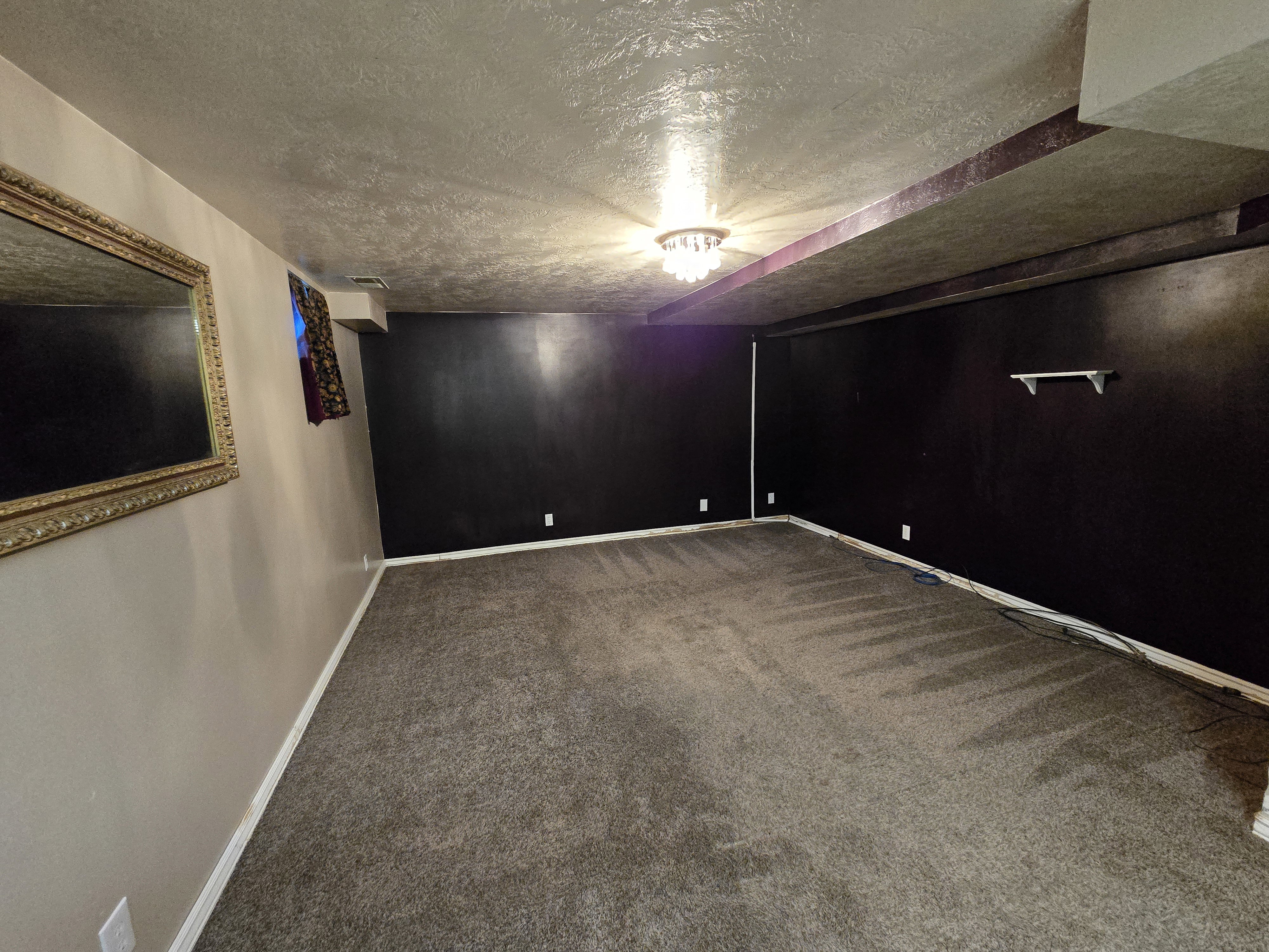 Spacious interior room with dark carpeting and light-colored walls