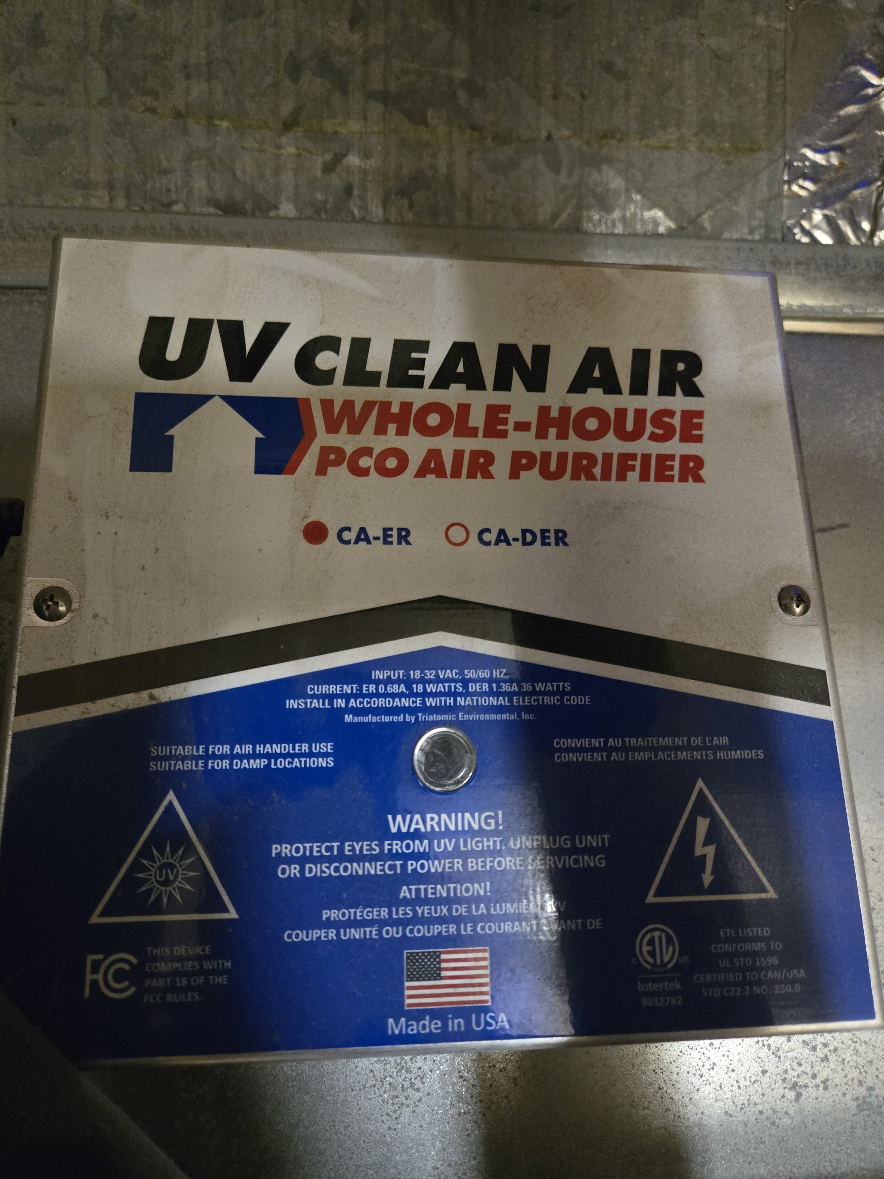 Whole-house PCO air purifier by UV Clean Air, installed within ductwork