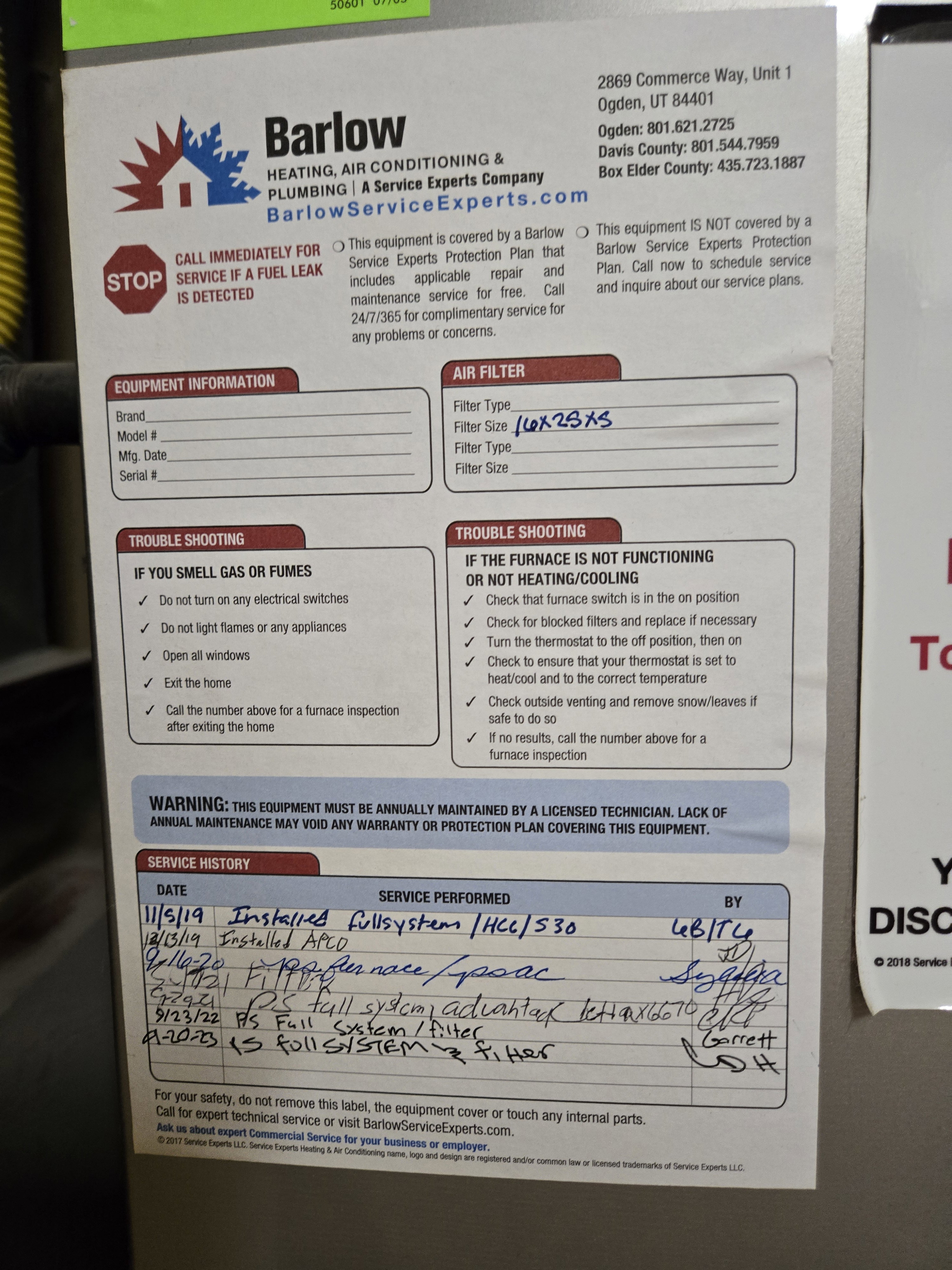 Maintenance documentation for the heating and air conditioning system
