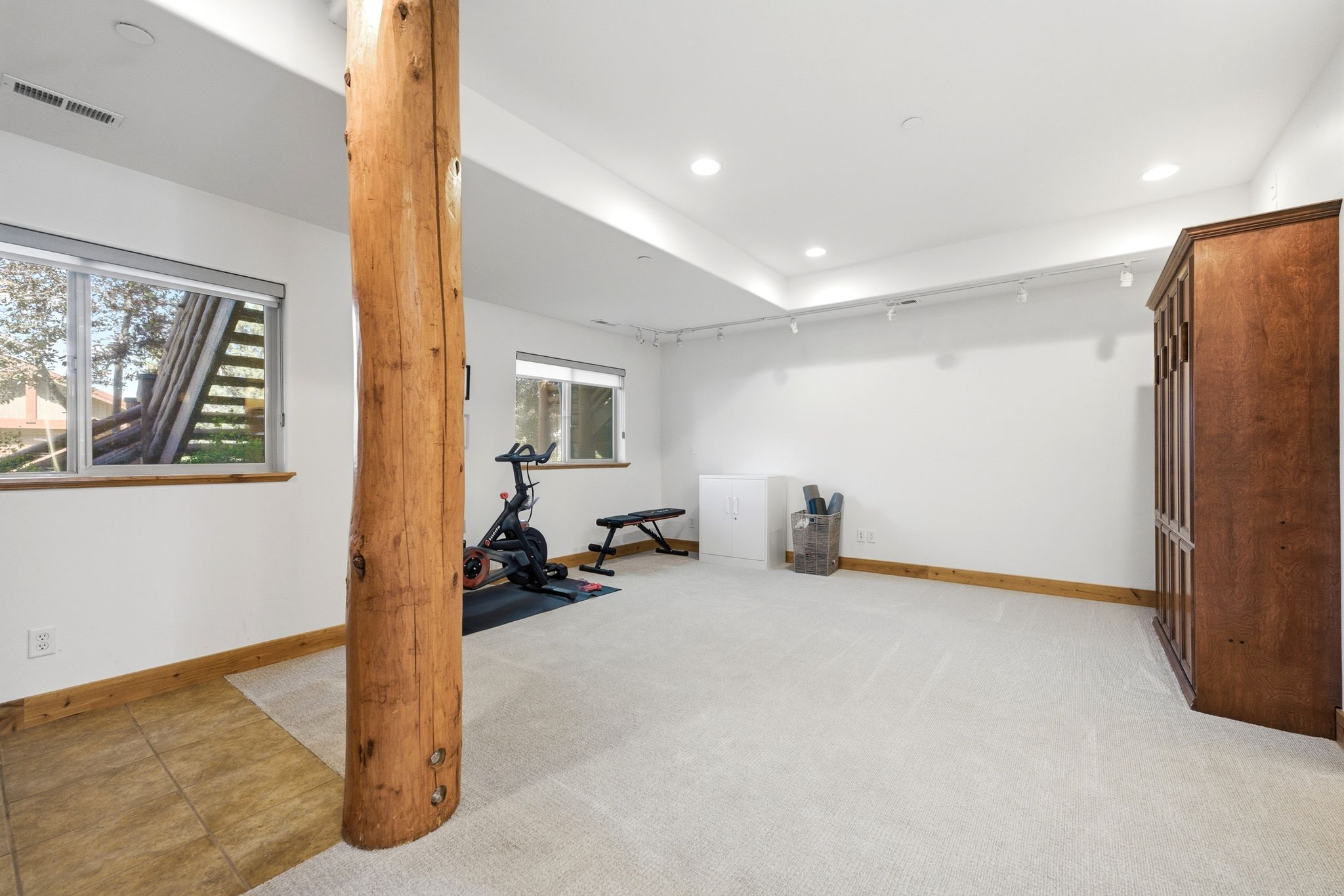 Spacious lower-level room featuring light carpet flooring and a natural wood support column